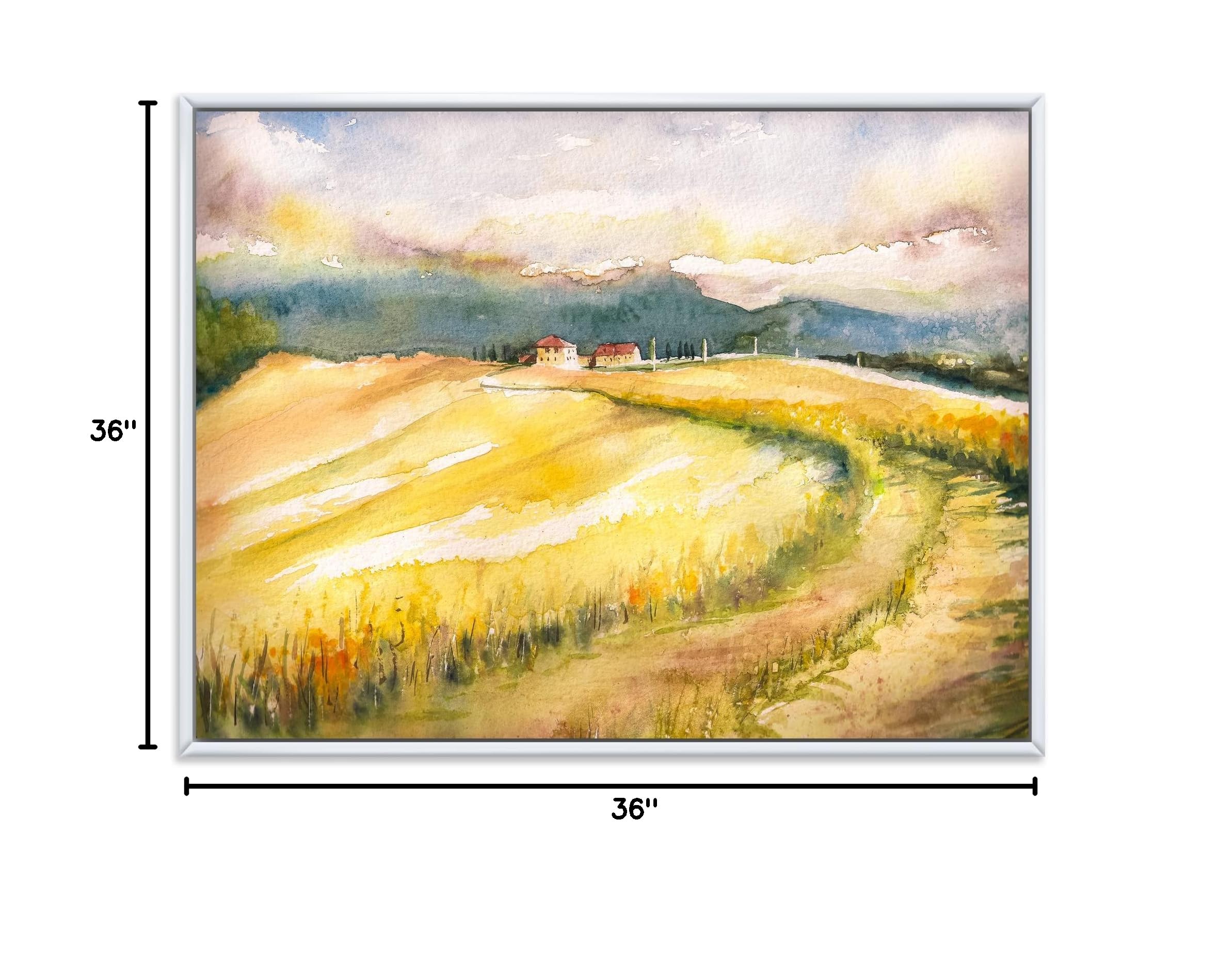DesignQ Golden Fields of Tuscany Italy - Framed Canvas Wall Art Print for Living Room, Bedroom & Office Decor | Countryside Landscape Painting