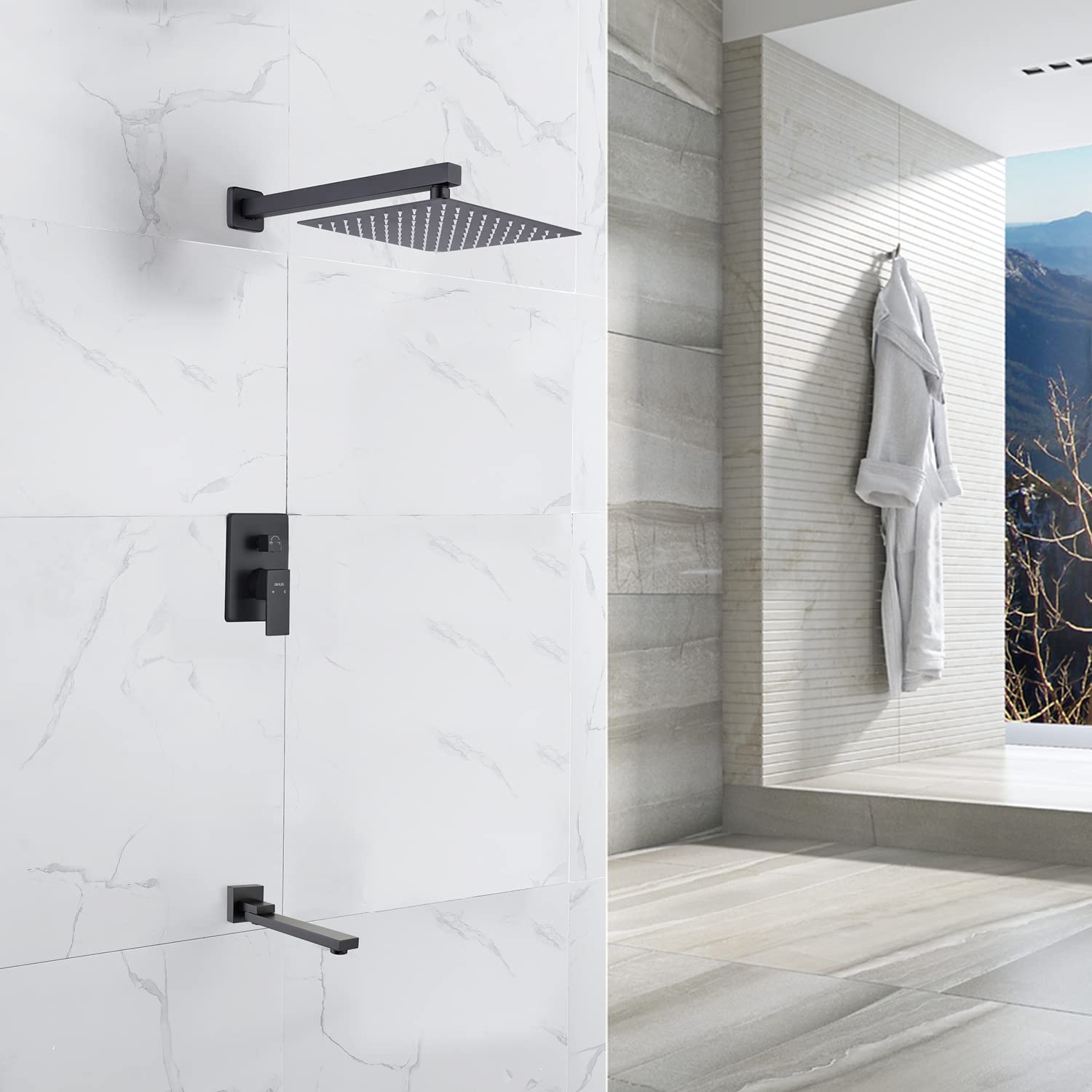 Premium Matte Black Wall Mount Shower Tub Faucet Set with Rainfall Shower Head & 180° Folding Tub Spout - Single Handle Bathtub and Shower Trim Kit for Modern Bathroom Renovation (Ideal for Master Bath, Guest Bath & Spa-Like Shower Experience)