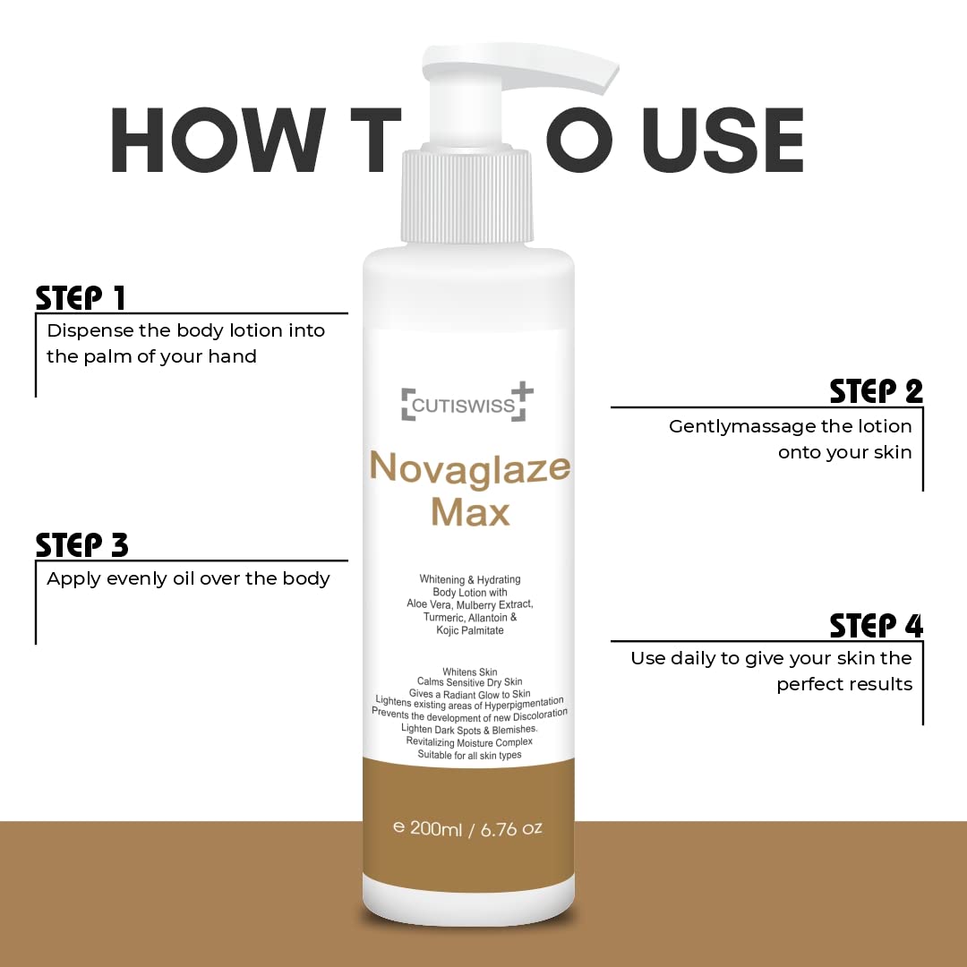 Cutiswiss Skin Whitening Body Lotion with Kojic Acid, Turmeric & Mulberry Extract | Brightening Moisturizer for Men & Women | 200ml | Daily Hydration for Even Skin Tone | Perfect for Face & Body Care Routine