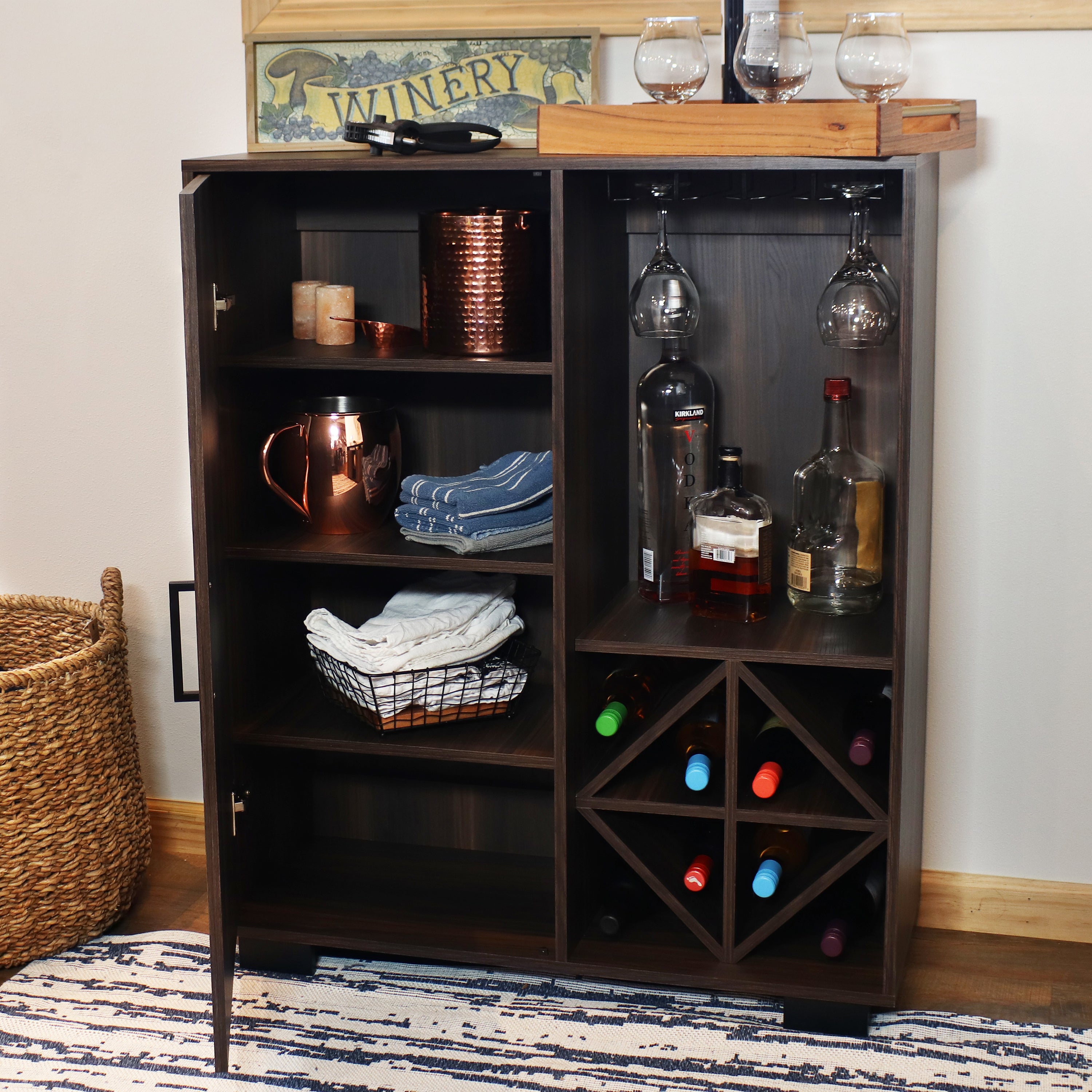 Sunnydaze Lavina Wine Bar Cabinet with Glass Rack & Bottle Storage Shelves - Stylish Home Bar Furniture for Kitchen, Dining Room, or Entertaining Guests