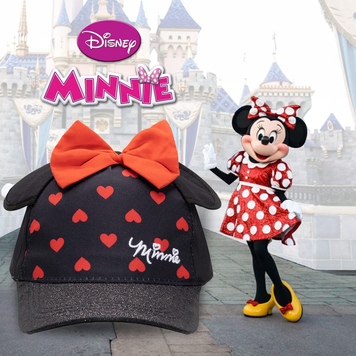 Minnie Mouse Baseball Cap for Girls Ages 3-9 - Adjustable Disney Ears Hat with Bow - Perfect for Disney Parks, Birthday Parties & Everyday Play