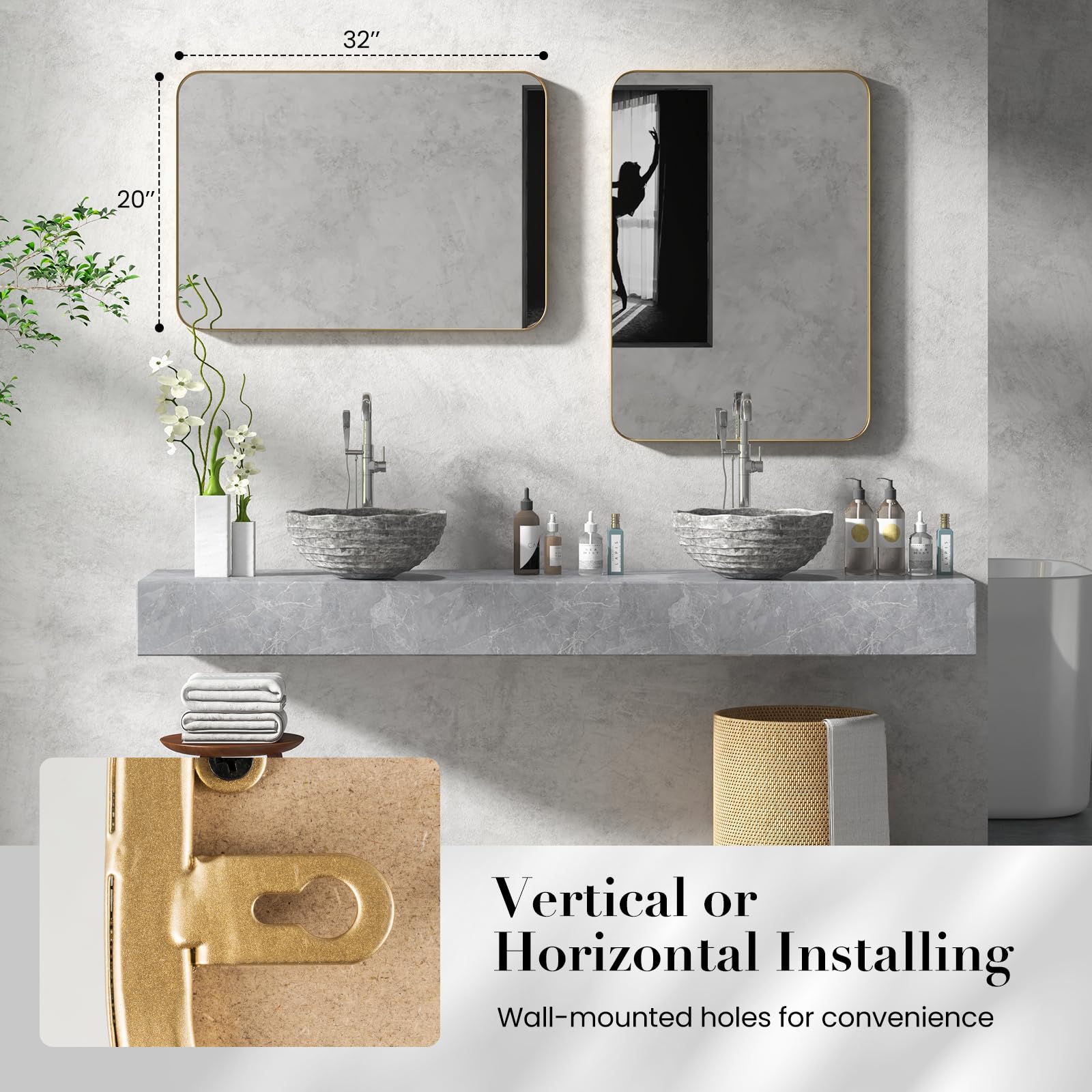 Tangkula 20 x 32 Inch Matte Gold Metal Framed Bathroom Mirror - Rust-Resistant Tempered Glass Wall Mirror for Bathroom Vanity, Horizontal or Vertical Hanging - Perfect for Modern Bathrooms, Powder Rooms & Dressing Areas
