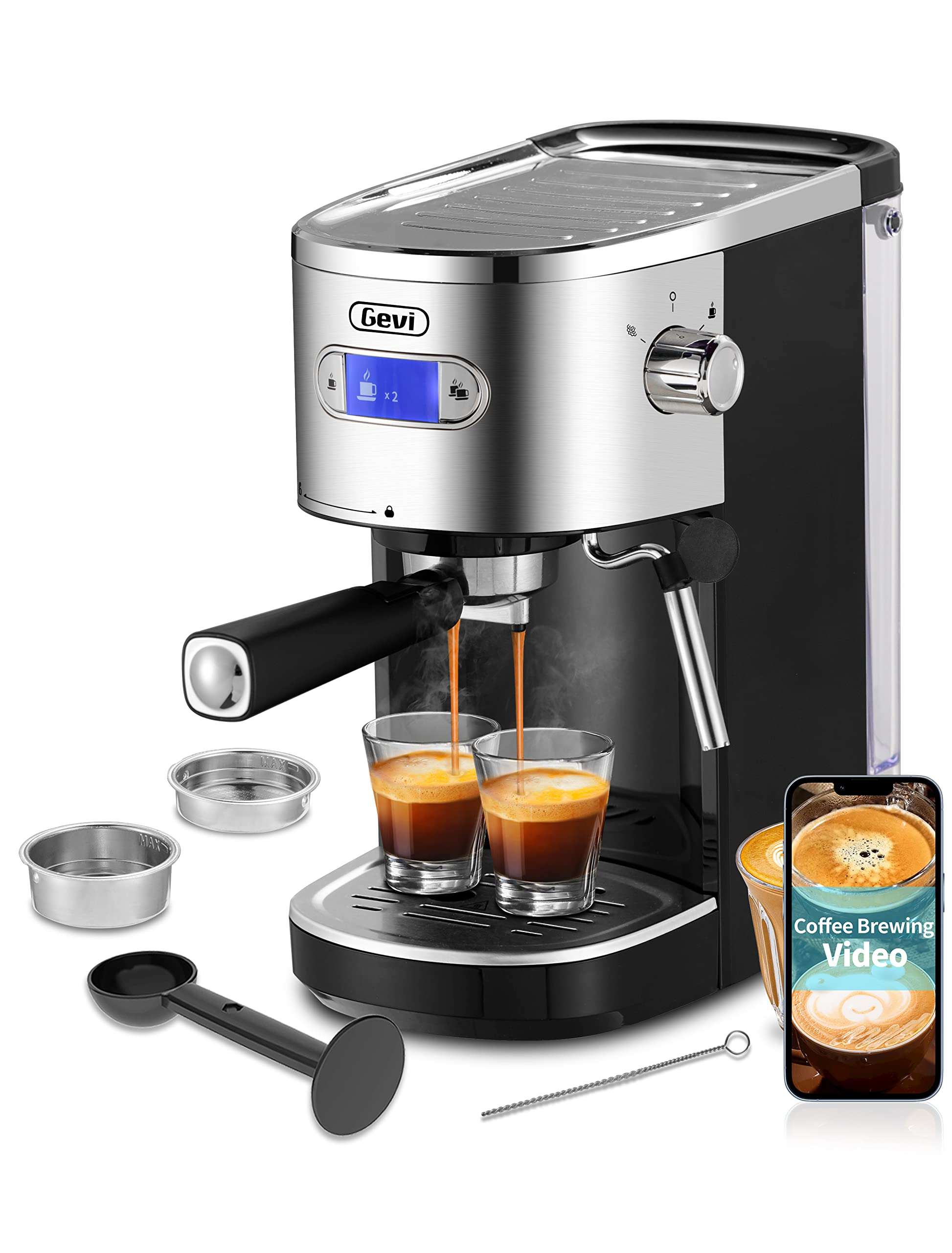 Gevi 20 Bar Espresso Machine - Fast Heating Automatic Cappuccino & Coffee Maker with Milk Frother Wand, 1.2L Removable Water Tank, Dual Temp Control (1350W, Black) - Perfect for Home Baristas & Coffee Lovers