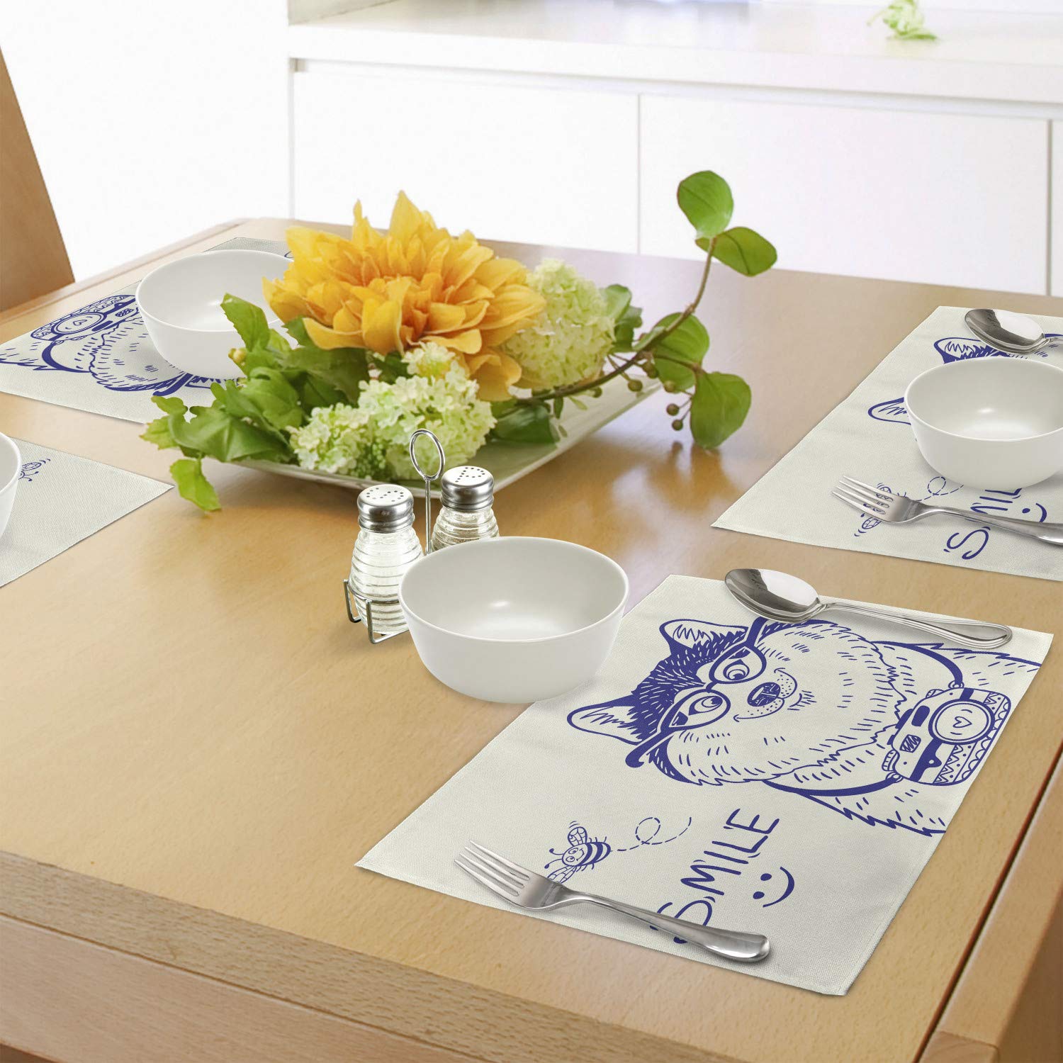 Ambesonne Alaskan Malamute Place Mats Set of 4 - Cartoon Style Puppy with Glasses & Camera Design, Washable Fabric Placemats for Dining Table & Kitchen Decor in Blue & White | Perfect for Family Meals, Dinner Parties & Pet Lover Home Decor