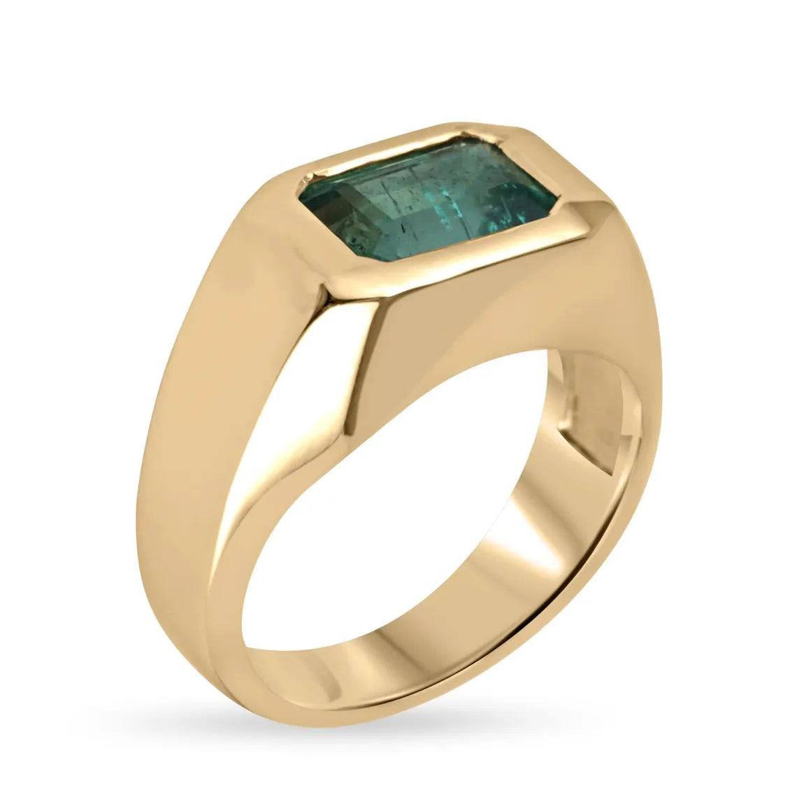 2.66ct Natural Emerald Cut Bluish Green Emerald Solitaire Ring for Men - Bezel Set Luxury Wedding Band, Anniversary Gift & Everyday Jewelry