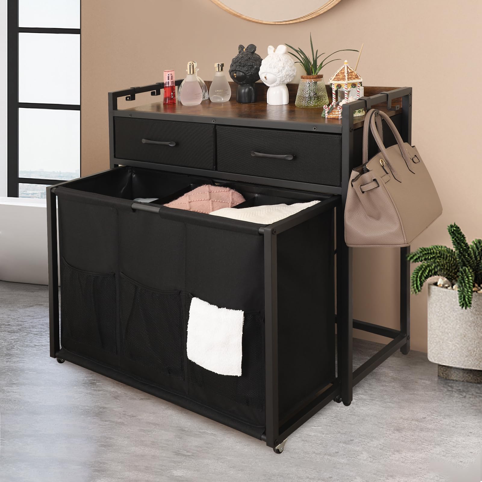 Rolling Laundry Hamper with Wheels - 3 Section Laundry Sorter with Storage Shelf, 3 x 10.5 Gallon (120L) Capacity - Foldable Clothes Organizer Basket with Drawers for Bedroom, Laundry Room & Dorm Organization
