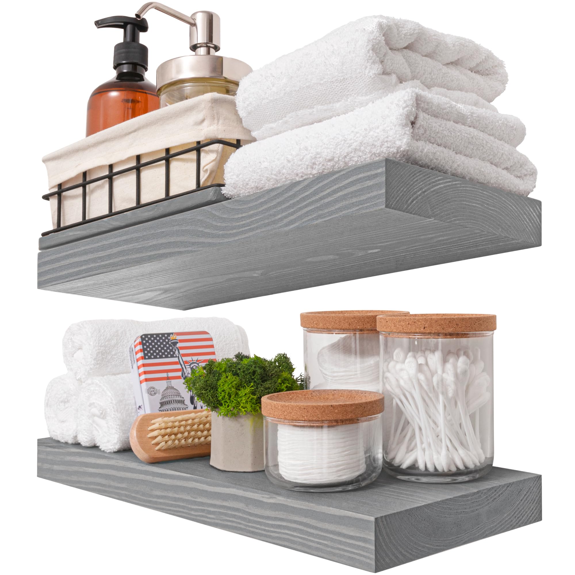 BAOBAB WORKSHOP Set of 2 Floating Wood Shelves - 16 Inch Rustic Wall Shelves for Living Room, Bedroom, Kitchen, Bathroom - Farmhouse Grey Wooden Shelves (16