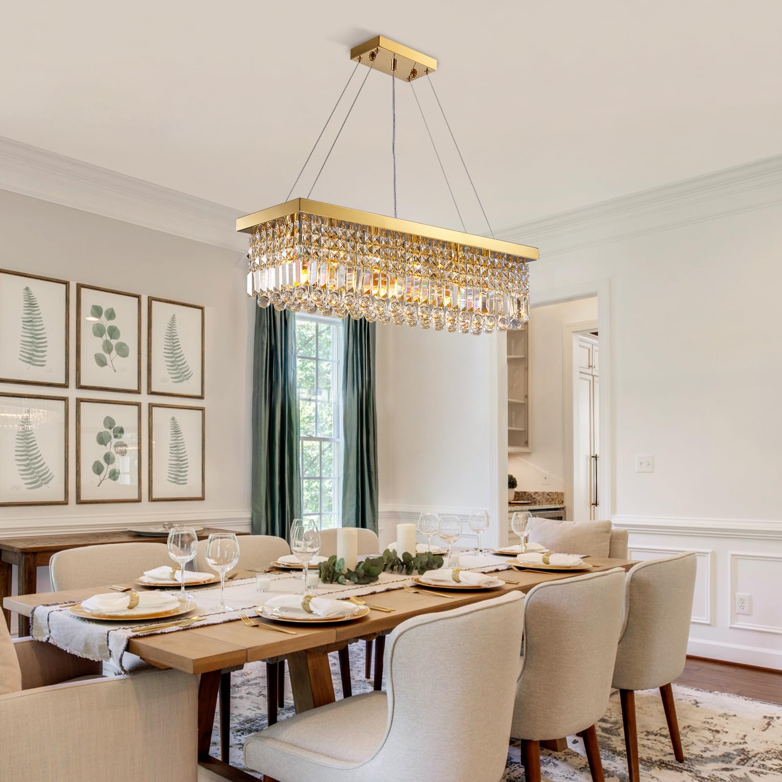 Siljoy 6-Light Modern Crystal Chandelier - Rectangular Gold K9 Crystal Raindrop Pendant Light for Dining Room, Living Room & Kitchen Island (31.5