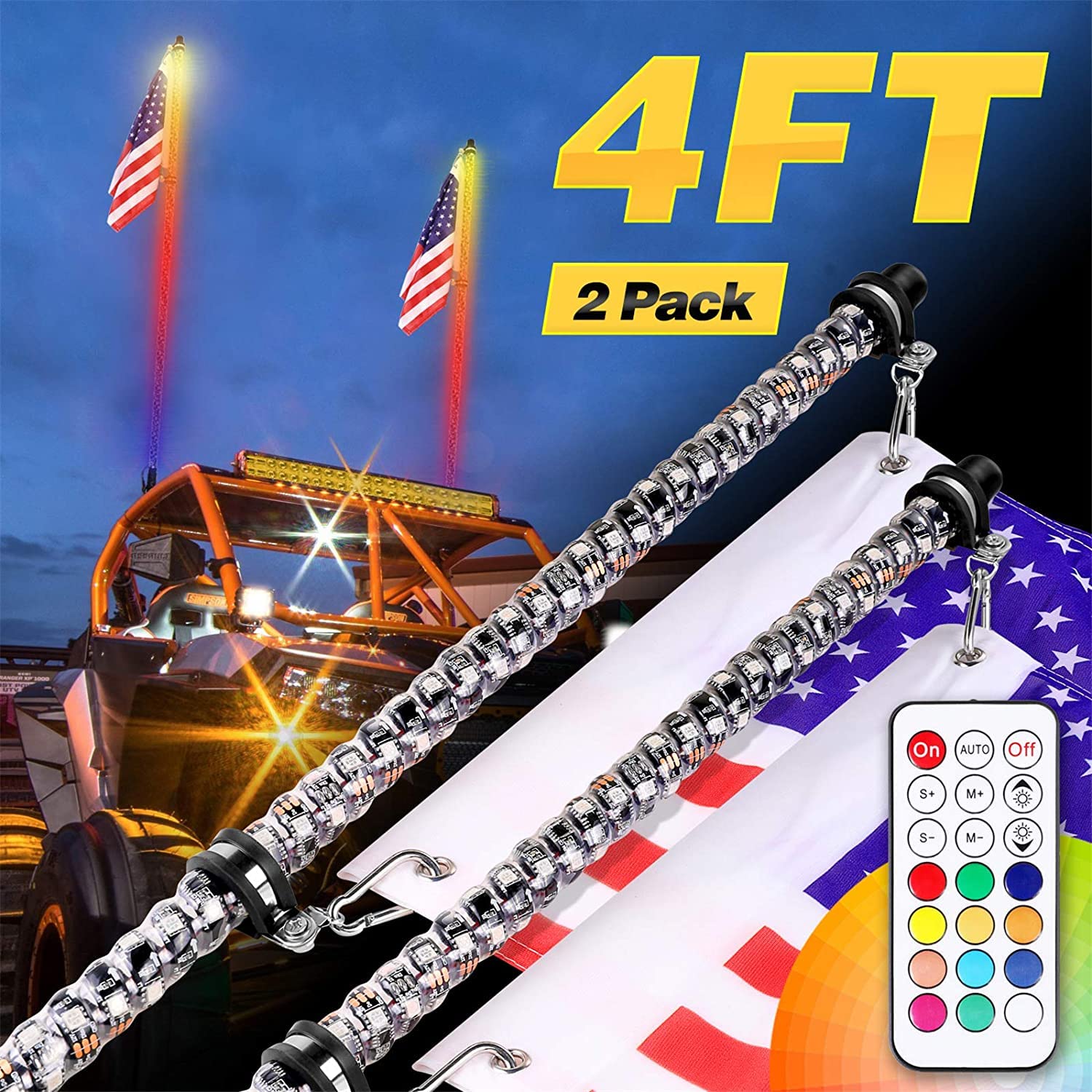 RGBW 4FT LED Whip Lights Pair - 2PCS 360° Spiral Lighted Whips with RF Remote Control for UTV, SXS, Polaris RZR, 4X4 Truck & Boat - Dancing/Chasing Light Effects for Off-Road, Night Rides & Outdoor Adventures