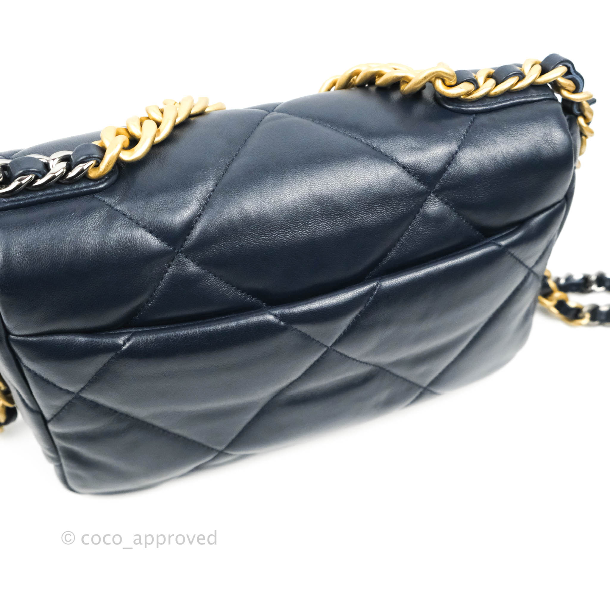 Chanel 19 Small Navy Blue Leather Flap Bag with Mixed Gold & Silver Hardware - Perfect for Work, Date Night & Luxury Fashion Lovers