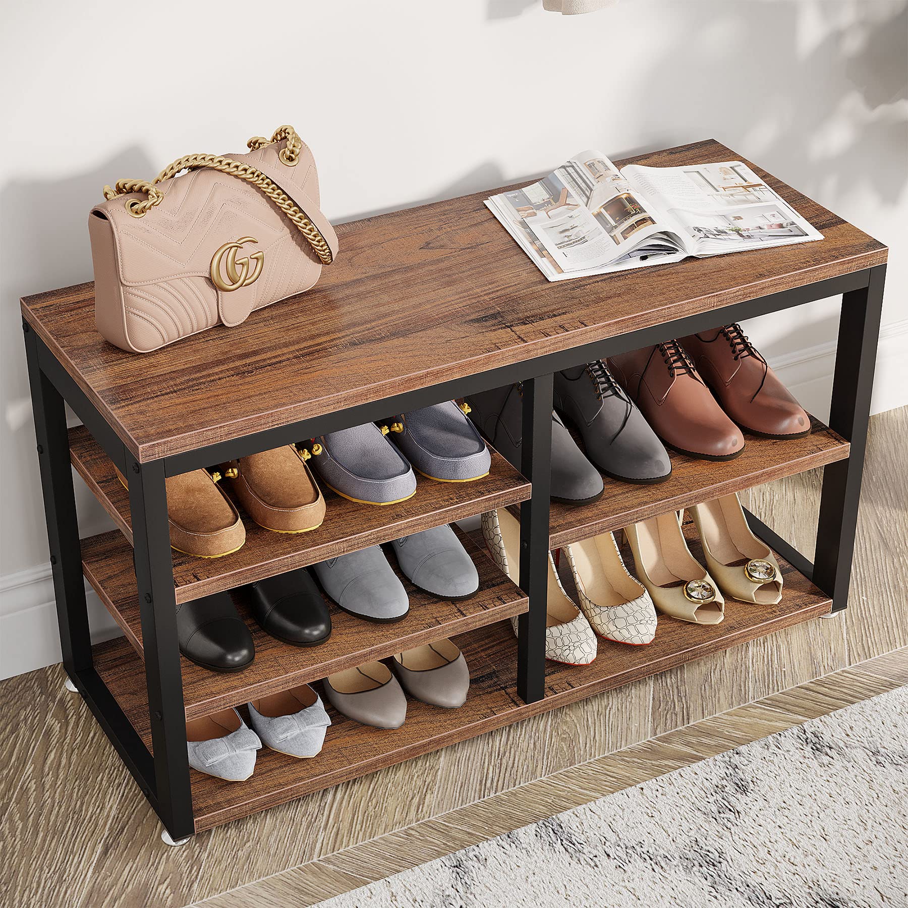 Little Tree Coat Shoe Rack with Entryway Bench - Hallway Organizer for Coats, Shoes & Storage | Perfect for Living Room, Bedroom or Mudroom | Rustic Brown Wooden Furniture for Home Entry Decor