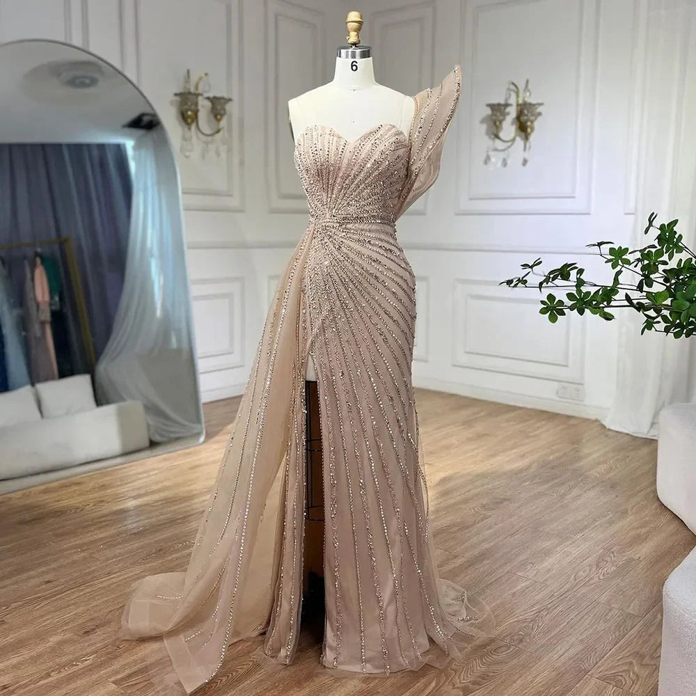 Luxury Dubai Green Mermaid High Split One Shoulder Beaded Evening Dress Gown for Wedding Party LA71779 - Perfect for Prom, Gala, Red Carpet & Formal Events