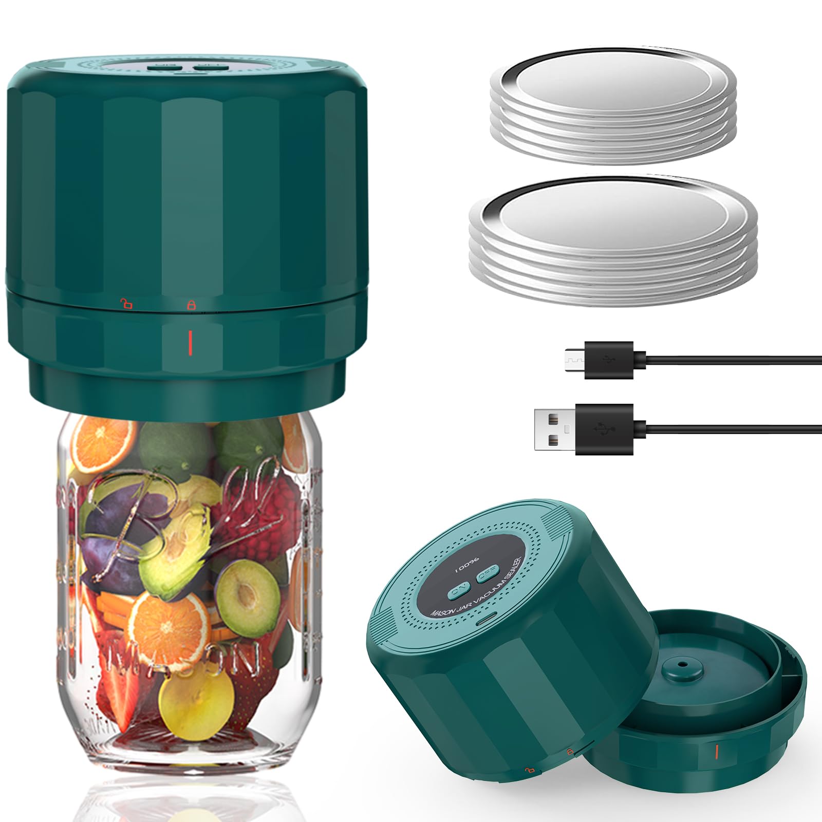 Electric Mason Jar Vacuum Sealer Kit with Wide & Regular Mouth Lids - Airtight Food Storage System for Canning, Meal Prep & Long-Term Preservation - Perfect for Kitchen, Pantry Organization & Sous Vide Cooking (Dark Green)