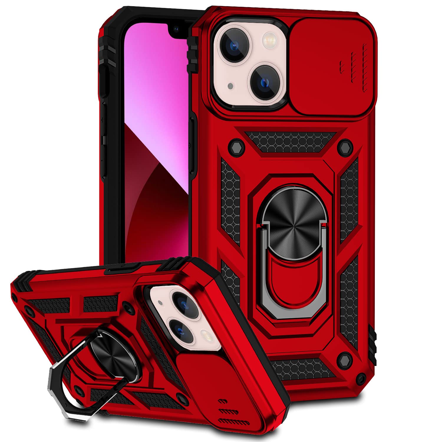 Hitaoyou iPhone 13 Case with Camera Cover & Kickstand - Military Grade Shockproof Heavy Duty Protective Magnetic Phone Cover for iPhone 13 (Red) - Perfect for Outdoor Activities, Travel & Daily Protection