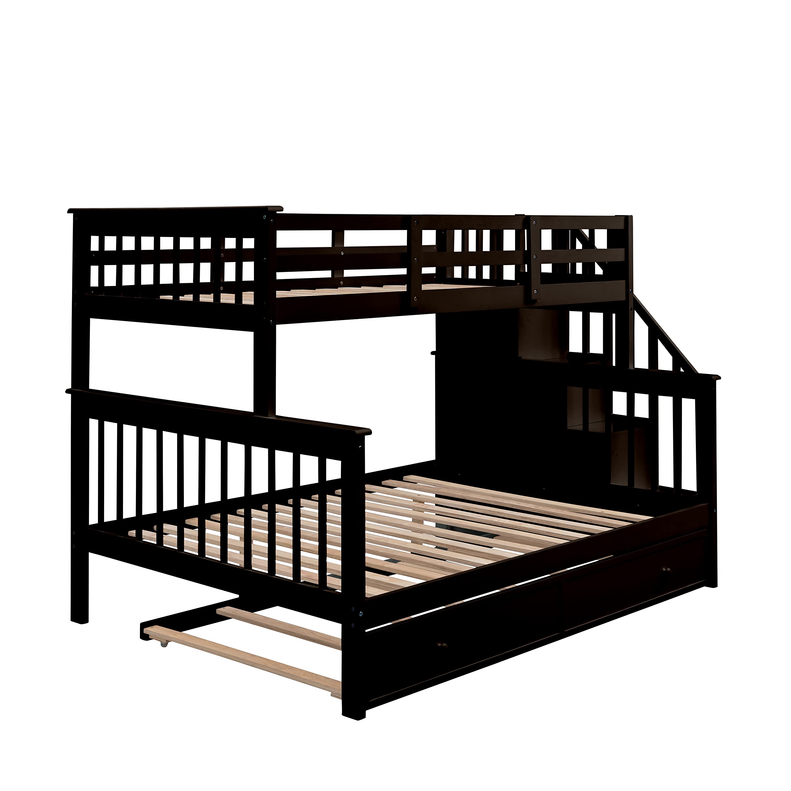 Twin Over Full Bunk Bed with Trundle & Storage Stairs - Solid Wood Loft Bed with Guard Rail & Shelves for Adults - Space Saving Bedroom, Dorm, Kids Room Furniture (Espresso Finish) - Perfect for Small Spaces, Guest Rooms & Shared Bedrooms