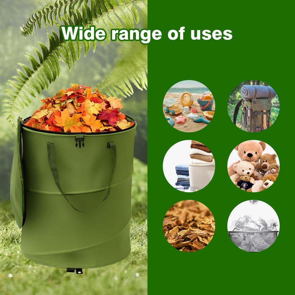 Collapsible Pop Up Trash Can 10 Gallon - Portable Outdoor Recycling Bin with Clip & Zip Lid, 600D Oxford Cloth Yard Waste Bag (13.8x15.8 Inch) - Ideal for Camping, Picnics, Beach, Backyard & RV Use (Green, 1 Pack)