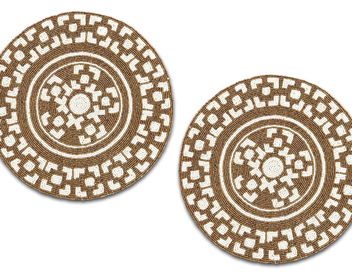 HM Creations Handmade Floral Beaded Placemats - 13x13 Inch Summer Table Mats & Designer Charger Plates (Set of 4) for Dining Table Decor, Wedding Centerpieces & Boho Home Decor