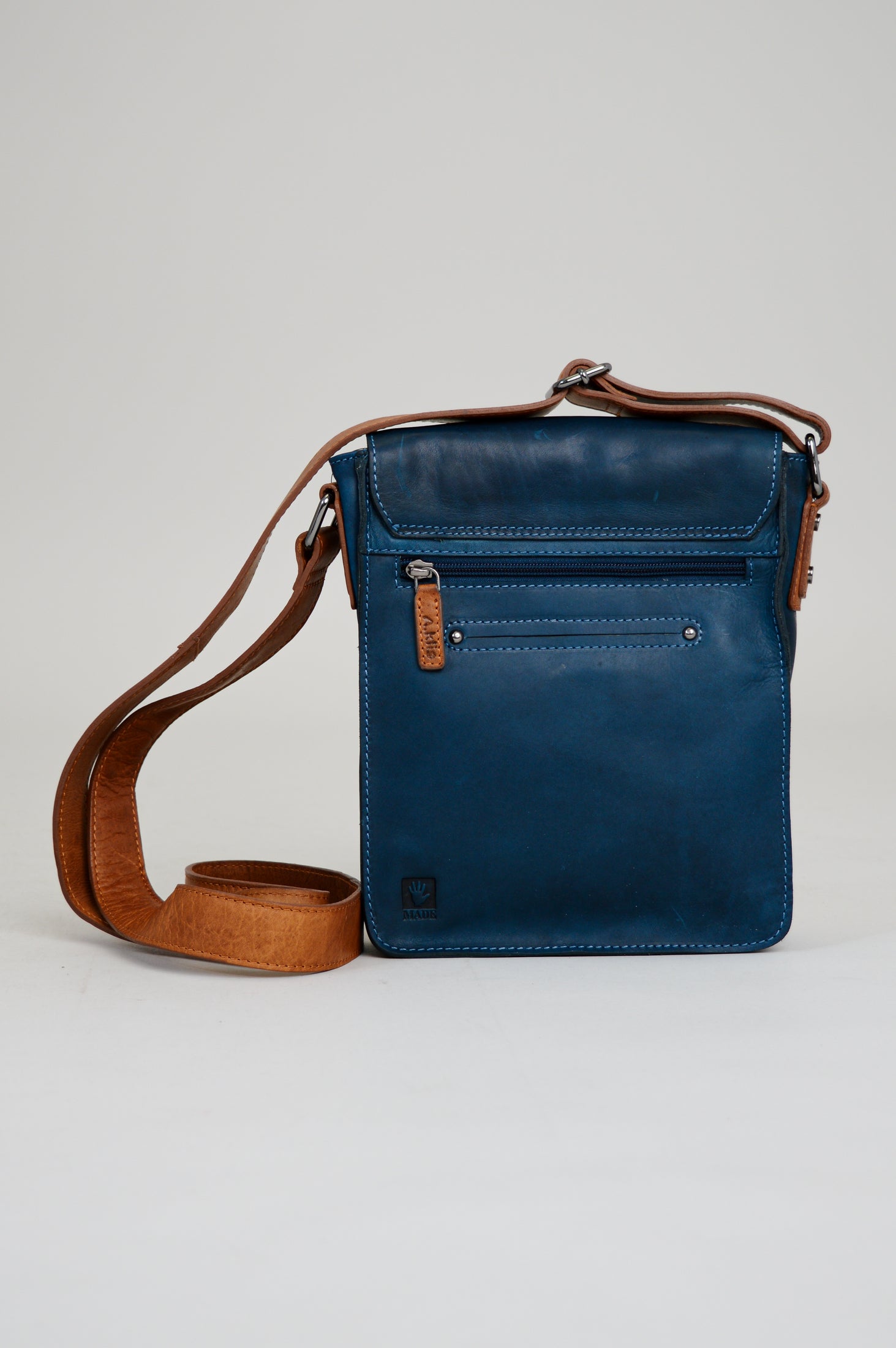 Premium Buffalo Leather Adrian Klis 1728 Bag in Blue & Tan - Stylish Durable Handbag for Women, Work, Travel & Everyday Use