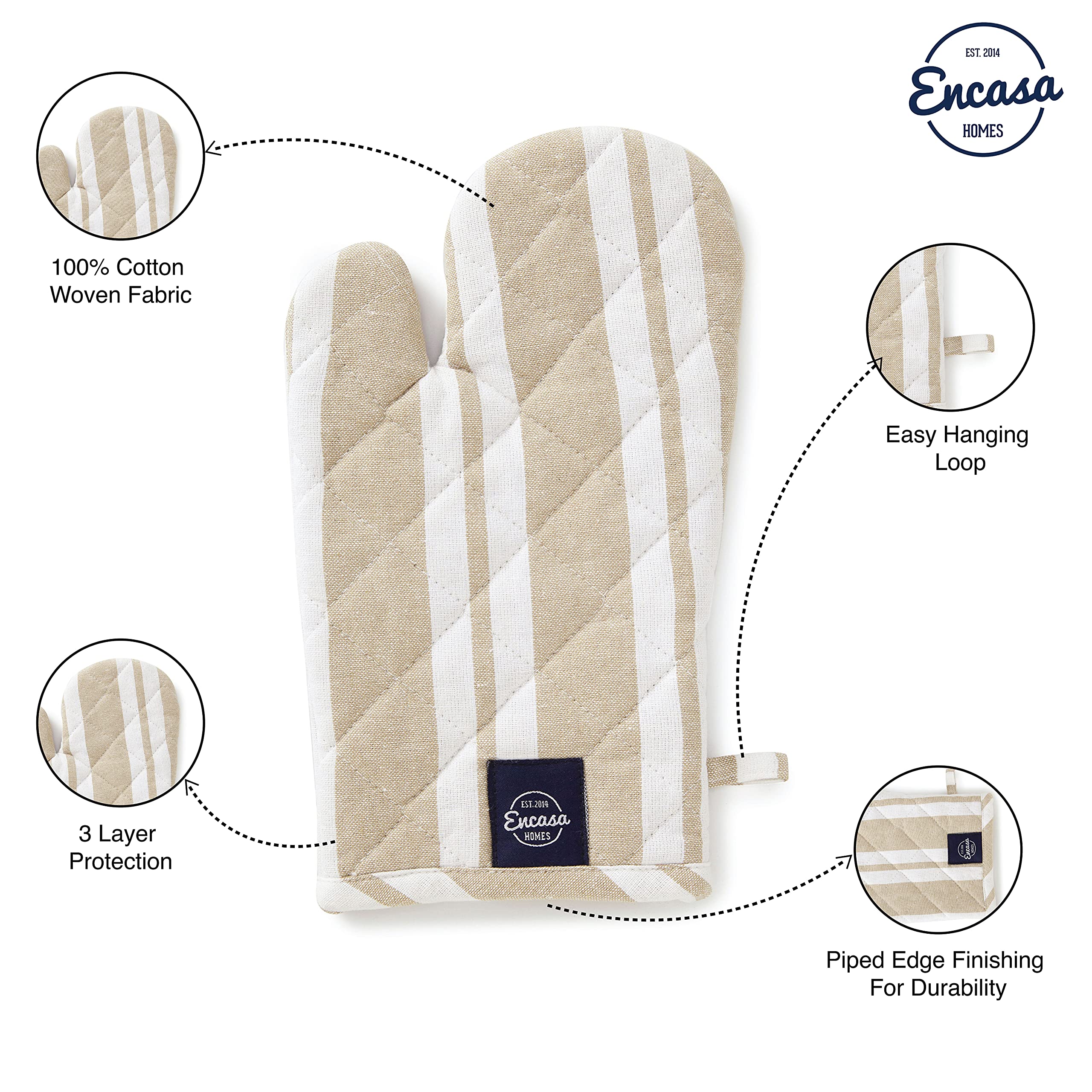 Encasa Homes Long Forno Microwave Oven Gloves (2-Piece Set) - Heat Resistant, Thick & Safe Kitchen Mitts for Cooking & Baking - Beige Striped Design - Perfect for Grilling, Baking & Microwave Use