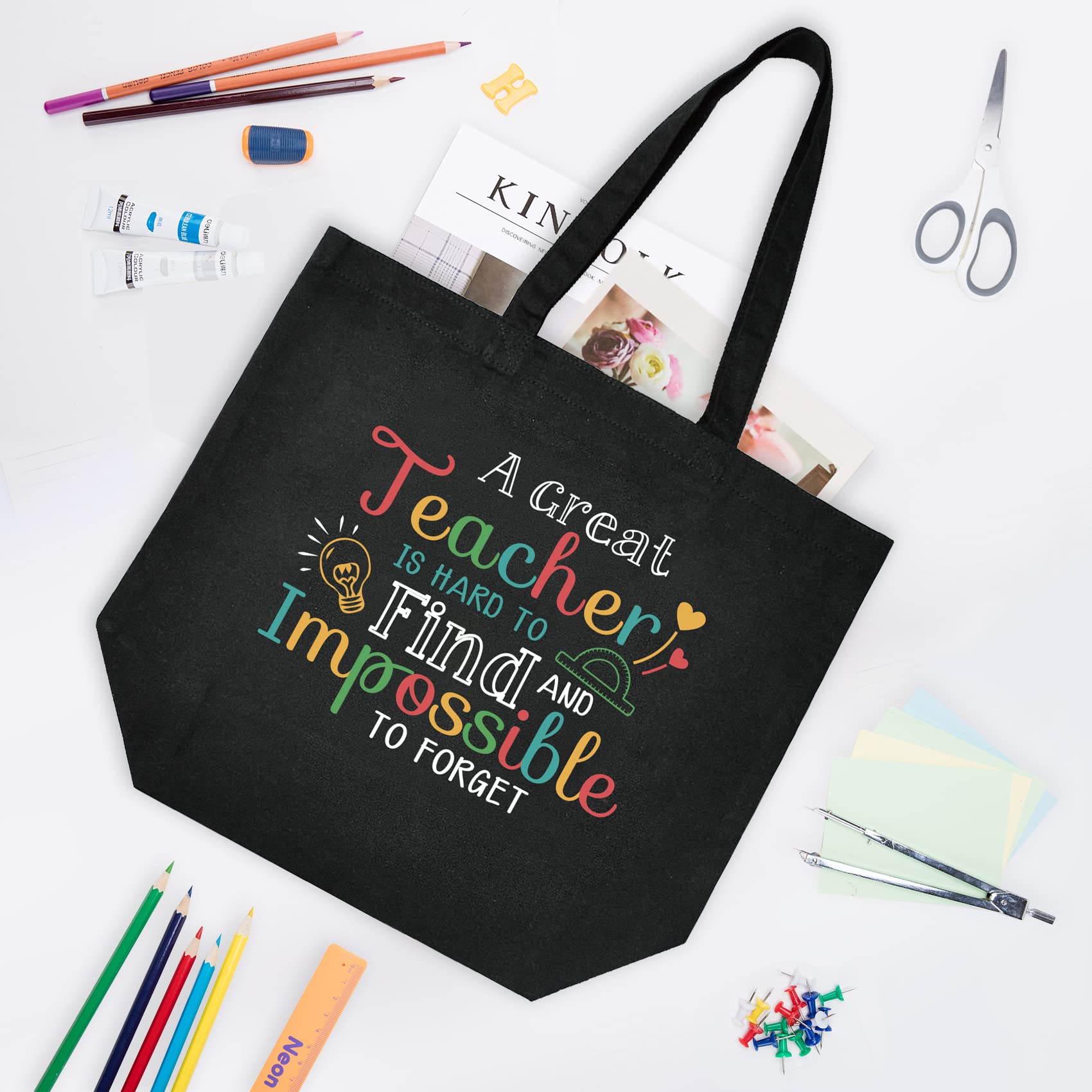 ELEGANTPARK Teacher Tote Bag for Women - Valentine's, Graduation, Birthday Gifts - Black Canvas Shoulder Bag with Pocket for School & Work