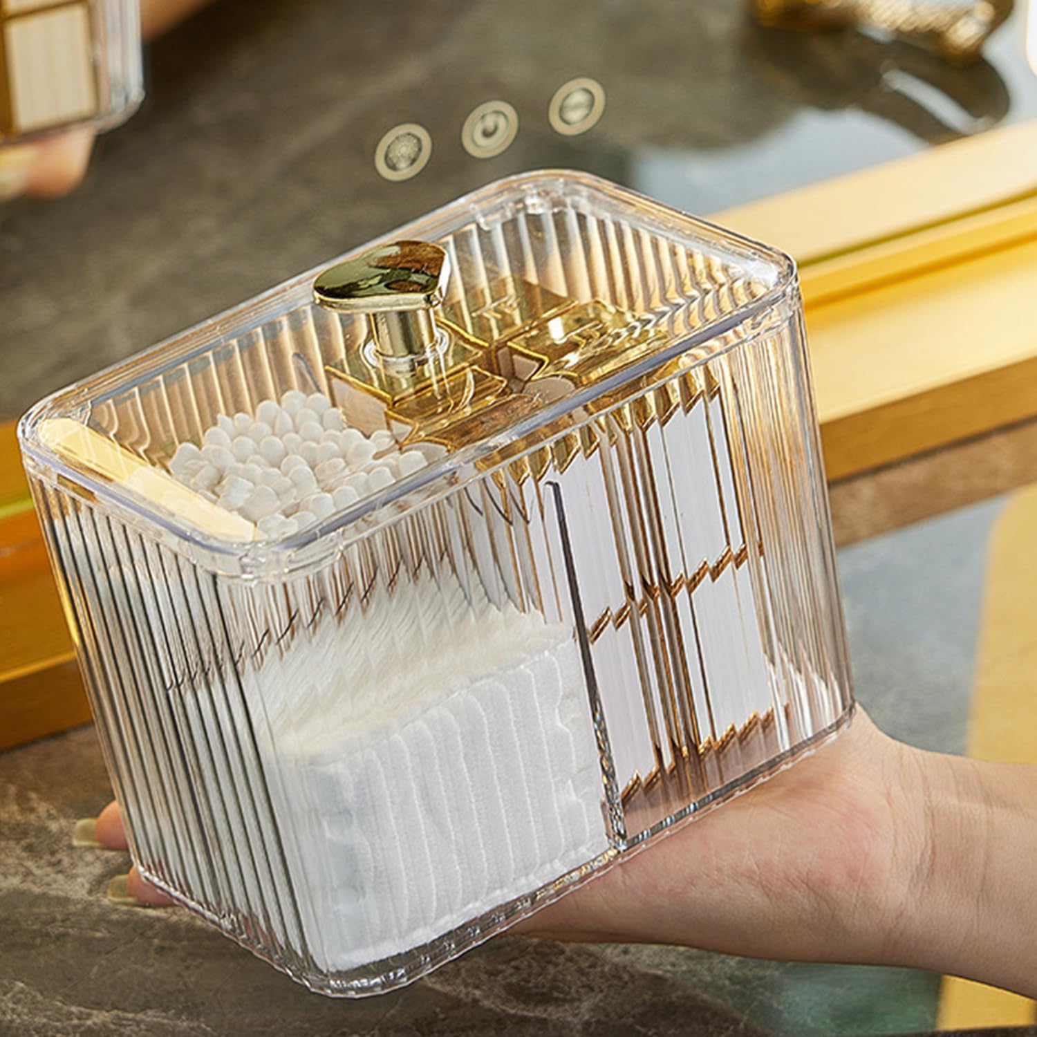 3-Section Cotton Ball & Swab Dispenser - Qtips Holder Bathroom Organizer with 3 Grids, Apothecary Jar for Vanity & Cosmetic Storage - Perfect for Bathroom Counter, Makeup Table & Travel Organizer
