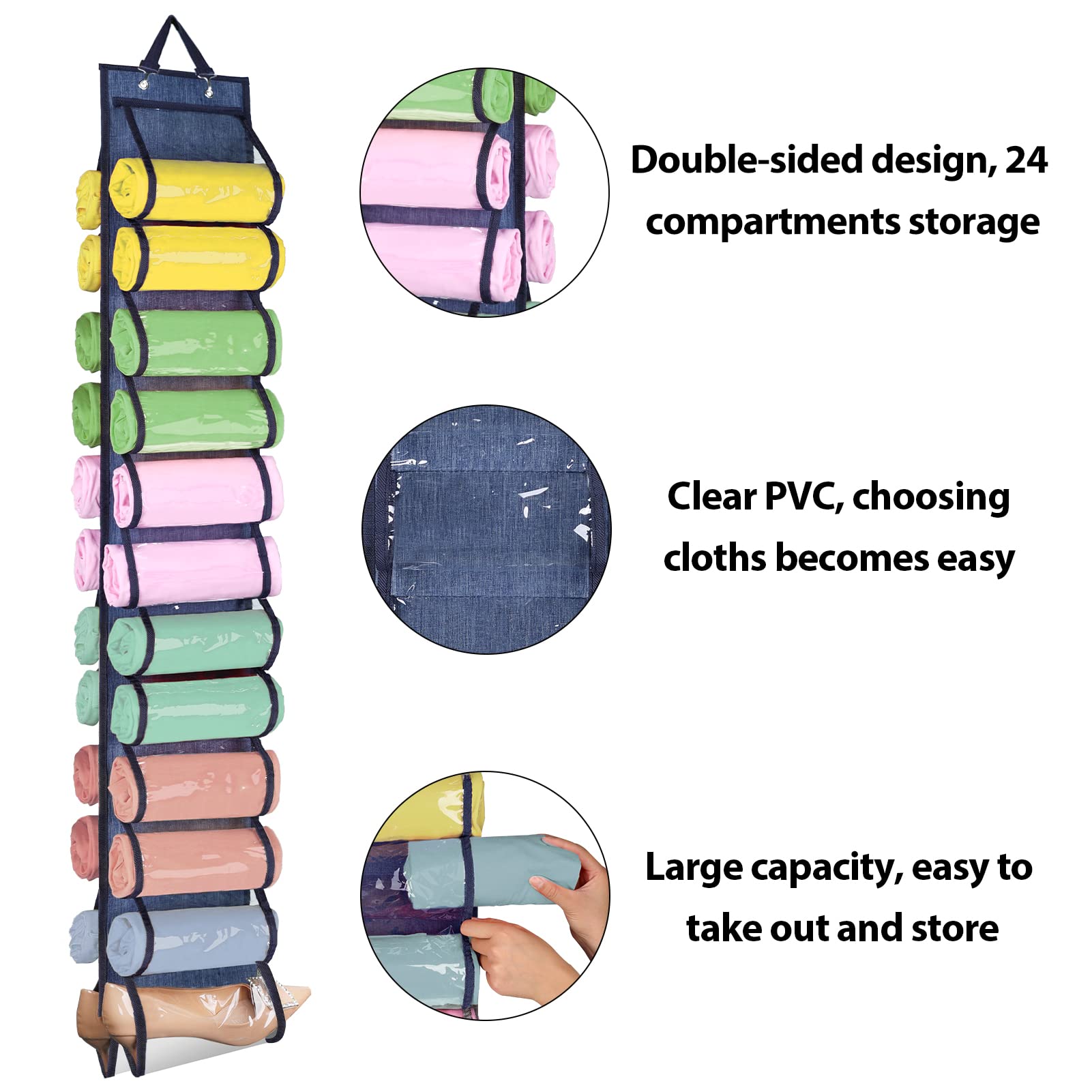 Space-Saving Legging Organizer with 24 Compartments - Closet Storage for T-Shirts, Pants & Purses | Blue | Perfect for Small Closets & Travel Packing