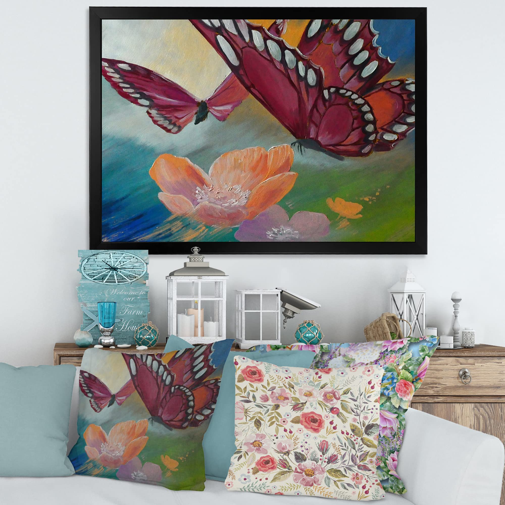Butterfly on Pink Flowers Traditional Framed Wall Art - Elegant Home Decor for Living Room, Bedroom & Office | Ready to Hang Canvas Painting