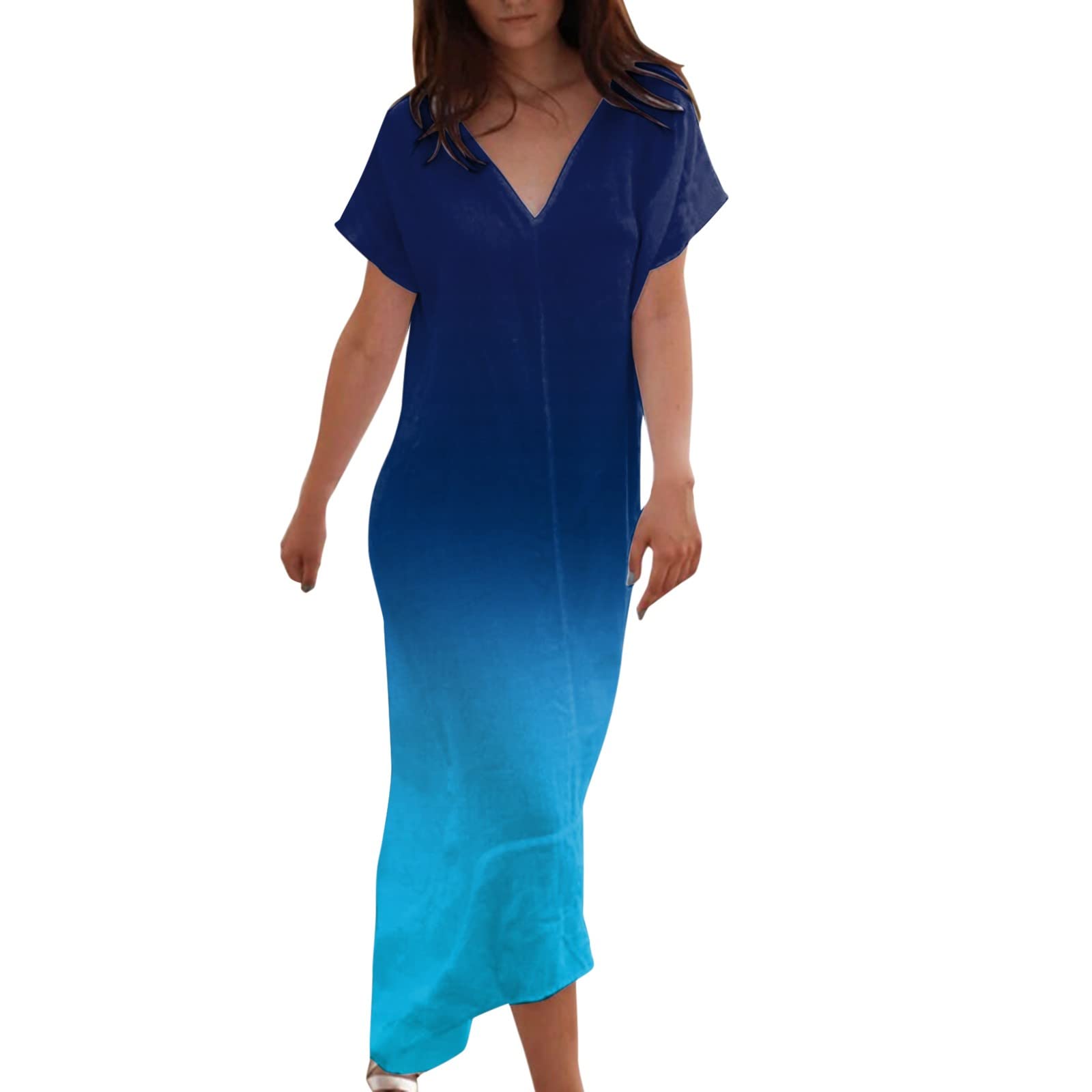 OJinShaWanO Women's Casual Summer Linen Dress - Short Sleeve V-Neck Loose Cover Up Dress for Beach, Vacation & Everyday Wear