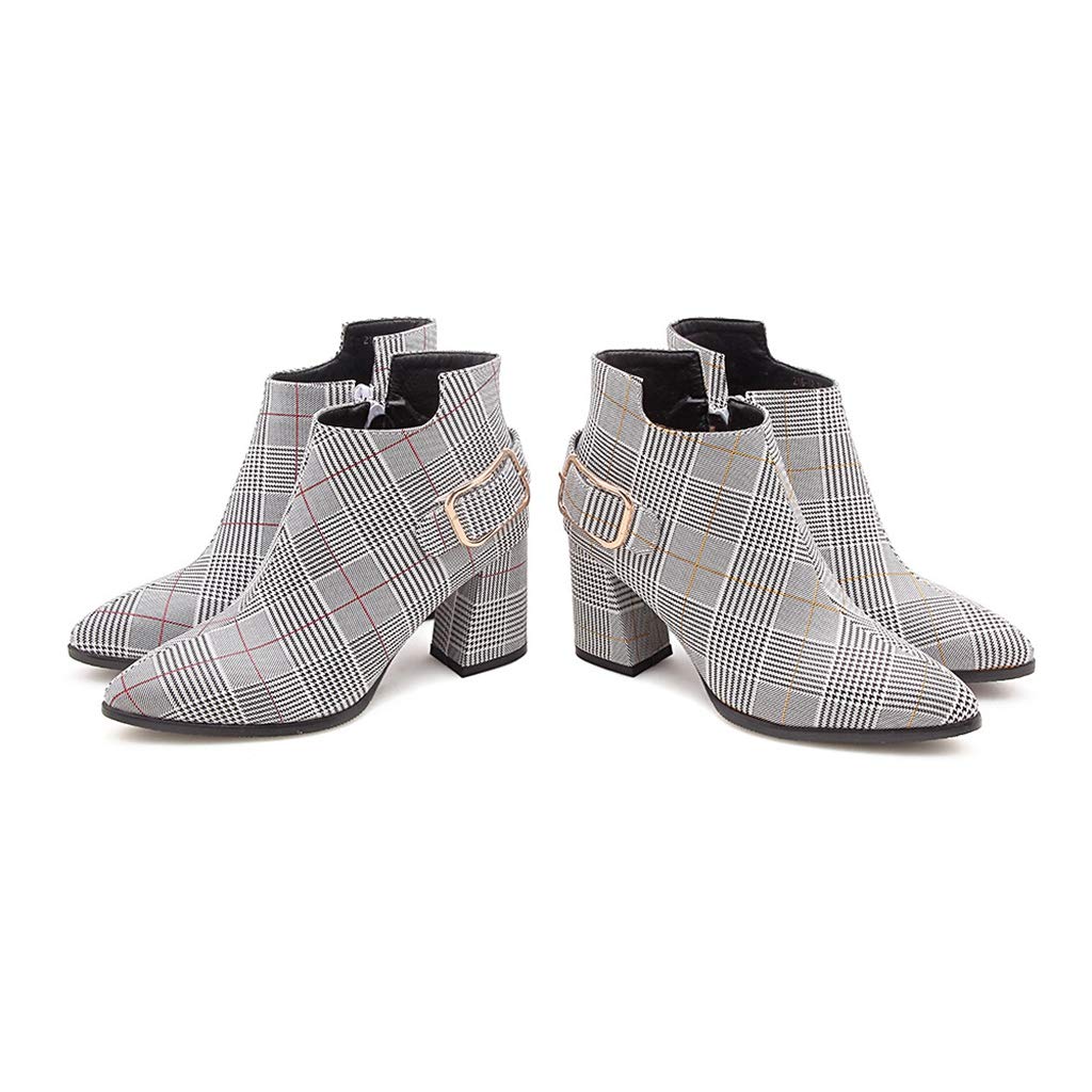 Mioke Women's Fashion Plaid Ankle Boots - Pointed Toe Buckle Zipper Chunky Heel Dressy Booties for Work, Party & Fall Outfits | Black High Heel Short Boots