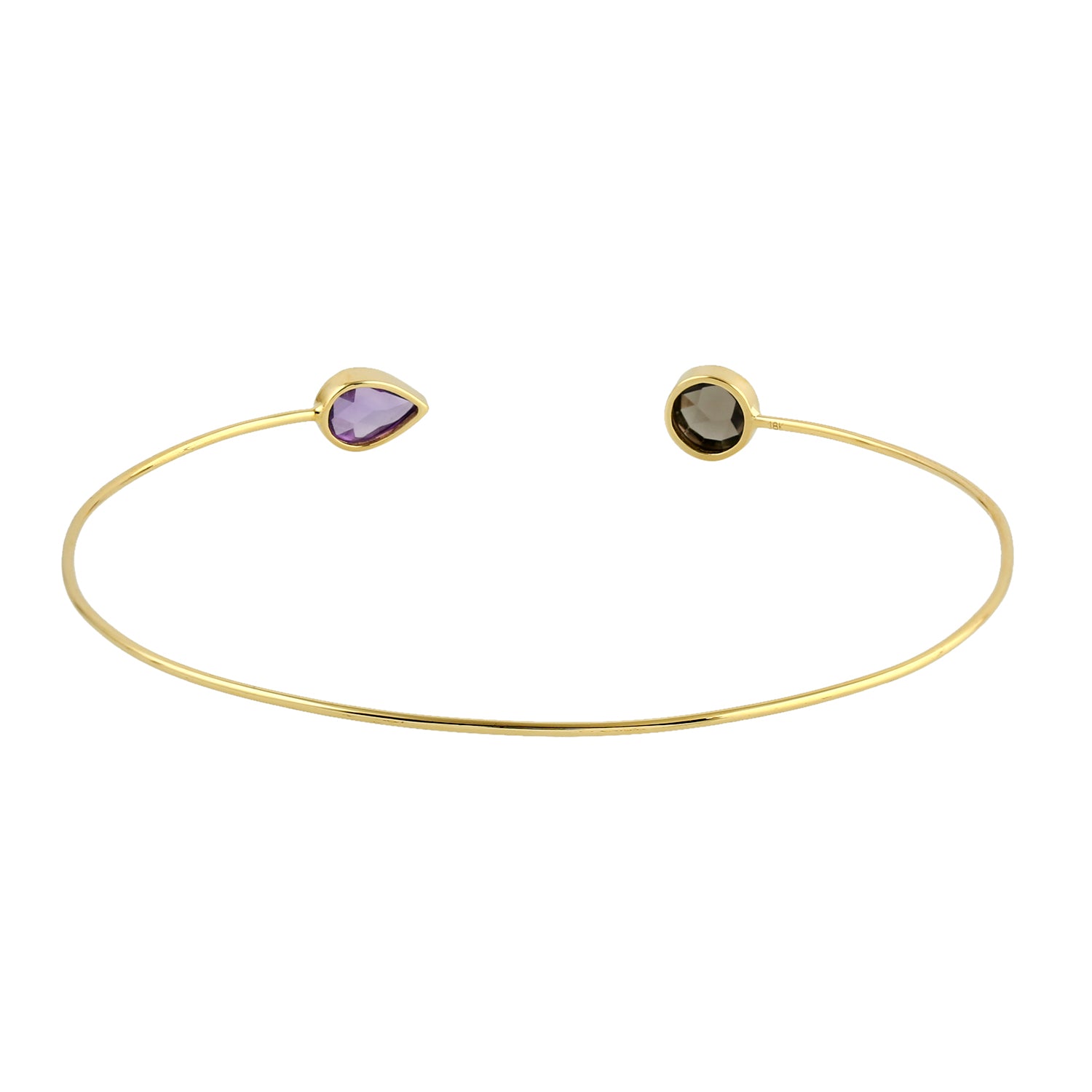 Bezel Set Quartz Smoky & Amethyst Solid Gold Cuff Bracelet for Women - Elegant Jewelry Gift for Her, Perfect for Weddings, Anniversaries & Special Occasions