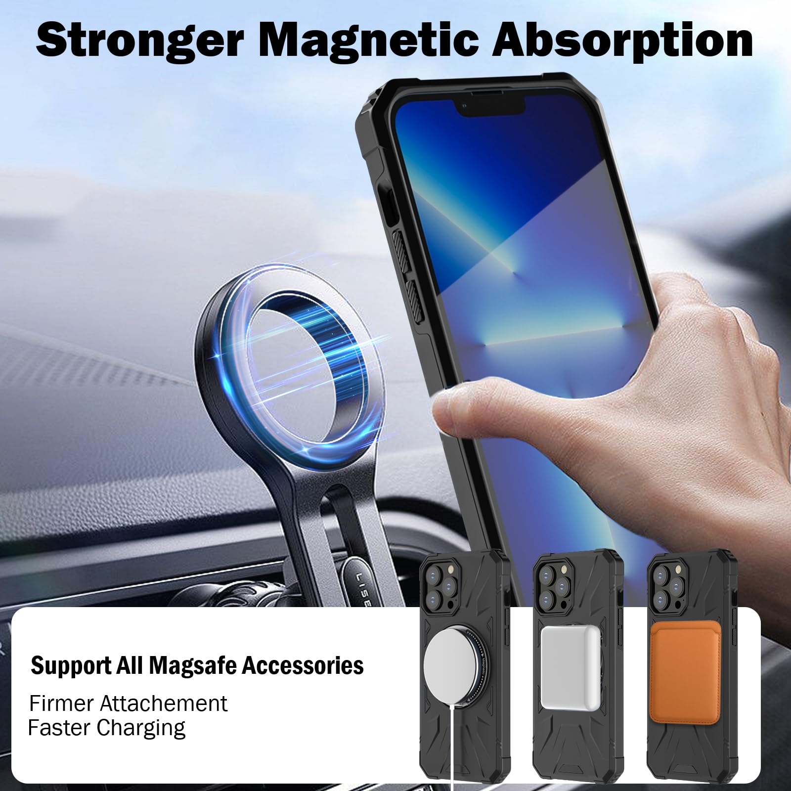 KSWOUS Magnetic iPhone 13 Pro Case with Stand [MagSafe Compatible] + 2 Pack Screen Protector - Military Grade Shockproof Rugged Phone Cover with 360° Rotatable Ring Kickstand (Black) - Perfect for Outdoor Adventures, Work & Daily Protection