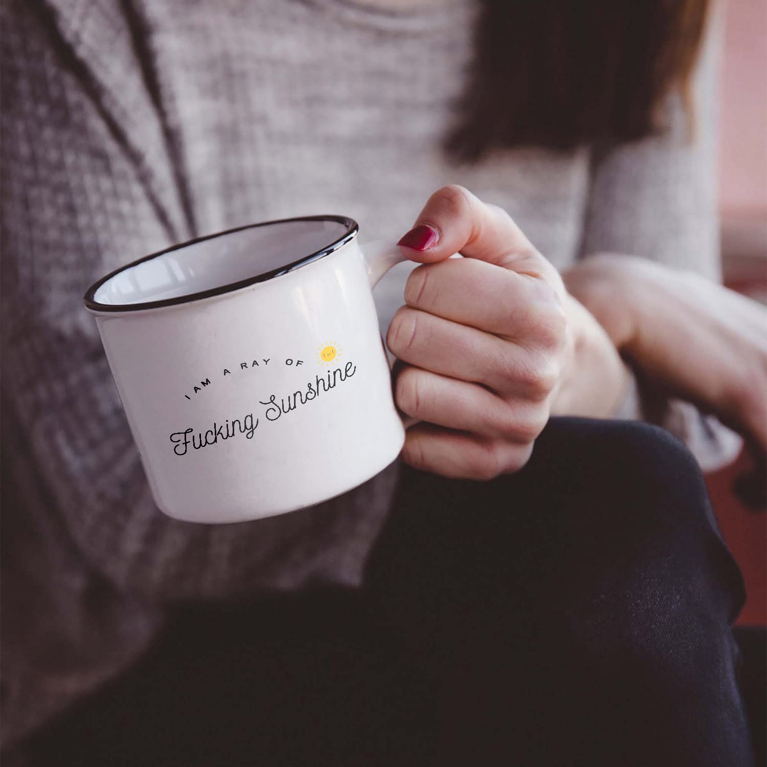 Funny Enamel Campfire Mug - I Am A Ray Of Fucking Sunshine - 12oz White Coffee Cup - Perfect Gift for Best Friend, Sister, Brother, Husband, Wife & Coworkers - Great for Camping, Office Use & Daily Coffee Drinking