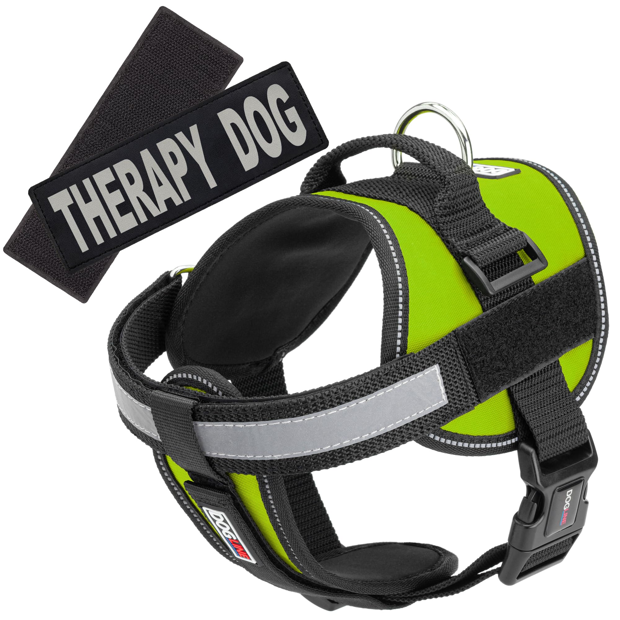 Premium Dogline Vest Harness for Large Dogs (28-38 Inch) with 2 Removable Therapy Patches - Adjustable Green Pet Harness for Service Dogs, Training & Outdoor Adventures