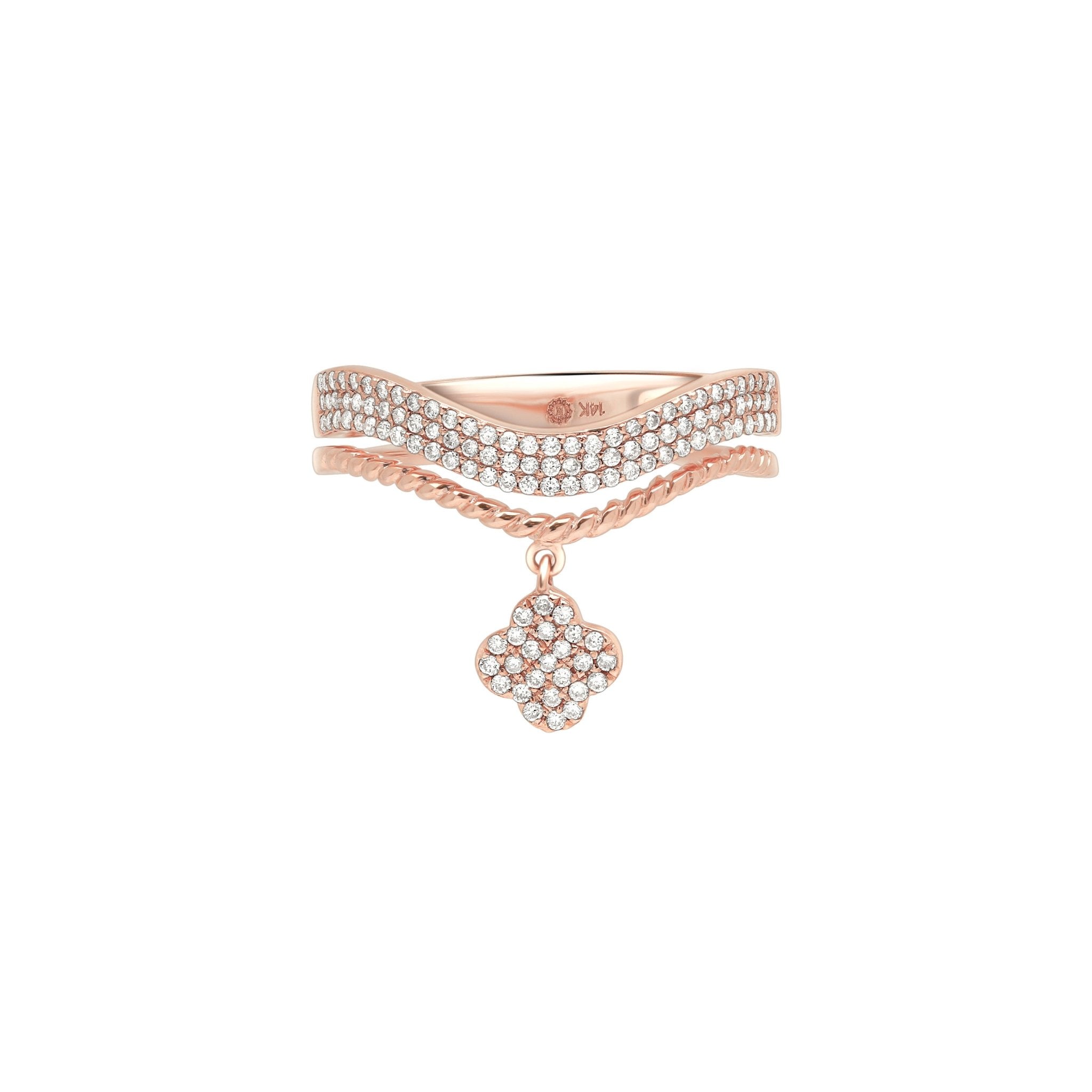 14k Rose Gold Diamond Pavé Clover Drop Cable Ring for Women - Elegant Dainty Jewelry Gift for Her, Perfect for Valentine's Day, Anniversary & Special Occasions