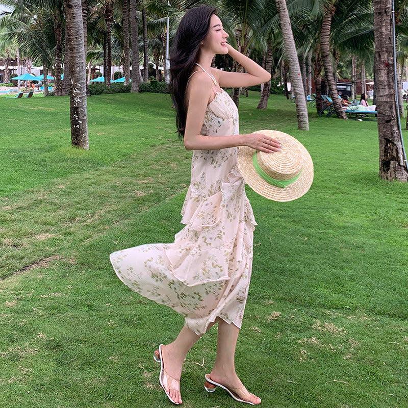 French Floral Spaghetti Strap Dress - Summer Retro Cake Dress for Women | Elegant Vintage Style Party & Wedding Guest Outfit