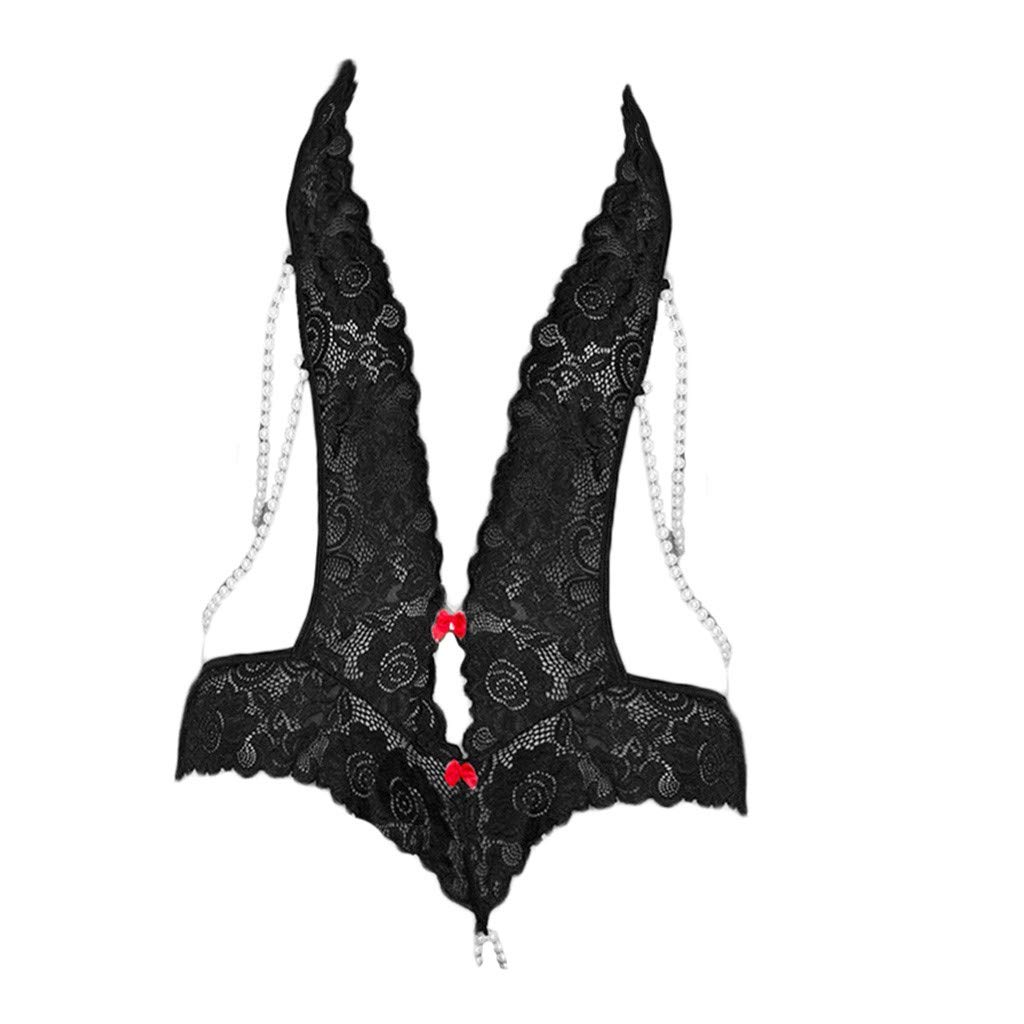 Sexy Lace Pearl Hollow Out Teddy Lingerie Set for Women - Black One Size Sleepwear Jumpsuit | Perfect for Valentine's Day, Honeymoon & Romantic Nights