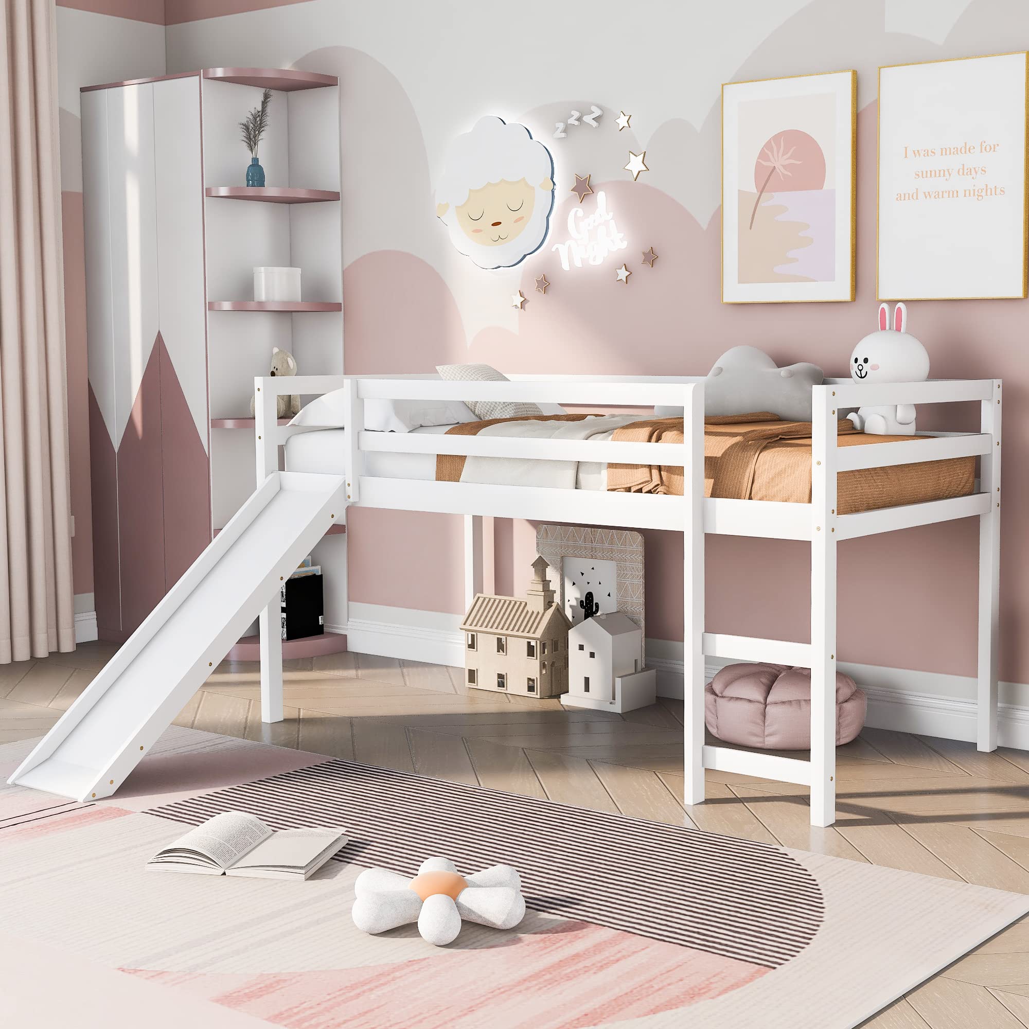 Kids Wooden Loft Bed with Slide - Twin Size Low Loft Bed Frame, Multifunctional Design in White - Perfect for Small Bedrooms, Playrooms & Kids' Sleepovers