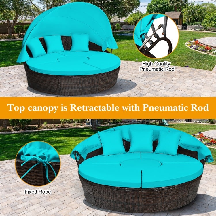 Turquoise Rattan Patio Daybed with Retractable Canopy & Adjustable Coffee Table - Outdoor Lounge Furniture for Poolside, Garden or Backyard Relaxation