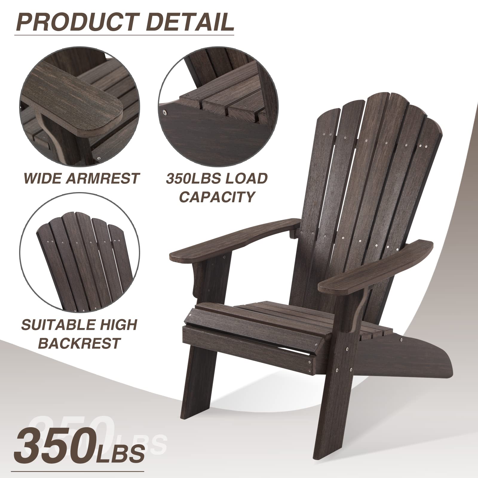 Heavy Duty Adirondack Chair Outdoor, Oversized Poly Lumber Patio Chair - 350lbs Weight Capacity, Weather Resistant for Porch, Poolside, Lawn, Backyard & Garden - Perfect for Relaxing by Fire Pits (Dark Brown)