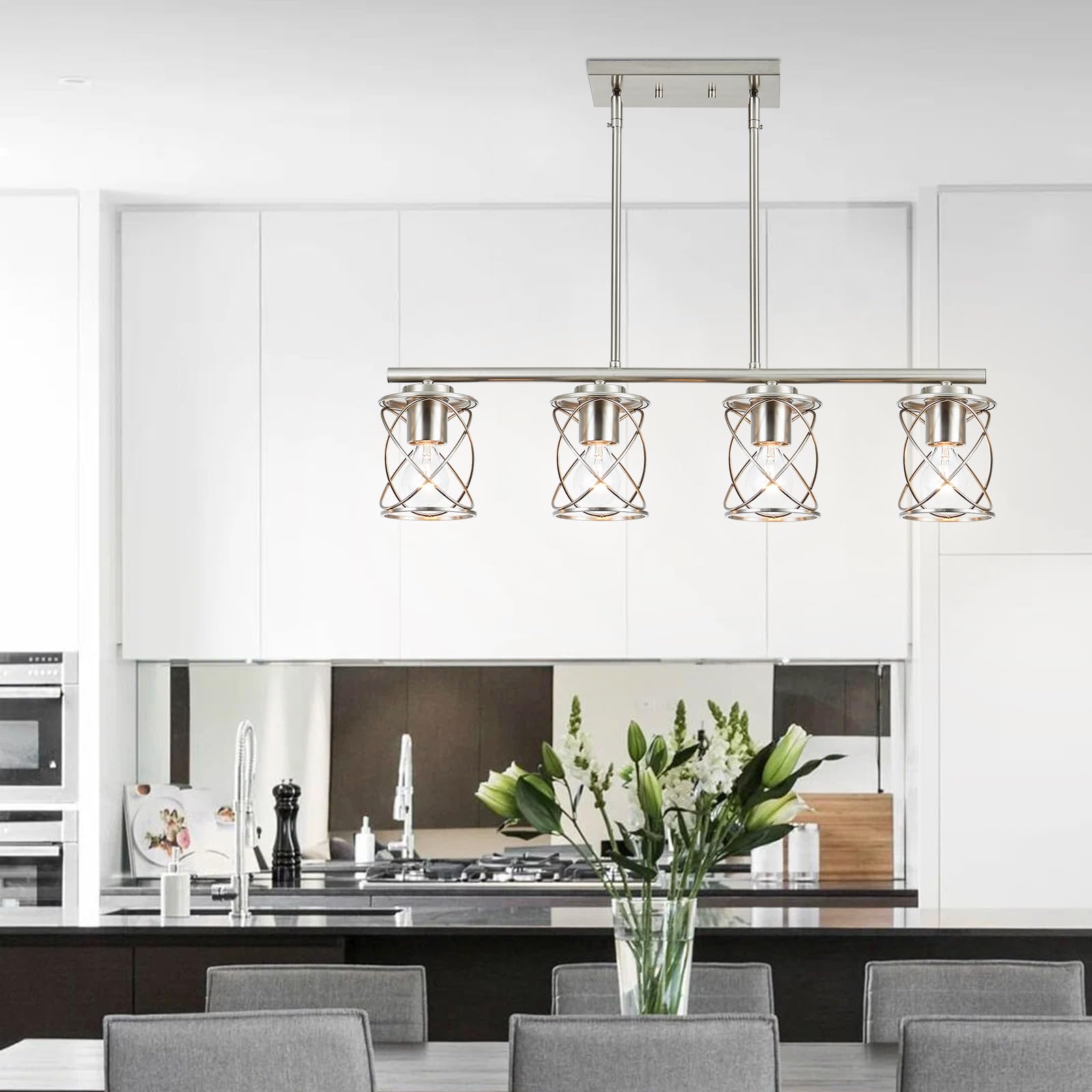 Farmhouse Linear Pendant Light - 4-Light Adjustable Kitchen Island Lighting Fixture in Brushed Nickel - Perfect for Dining Room, Living Room & Kitchen Table Decor