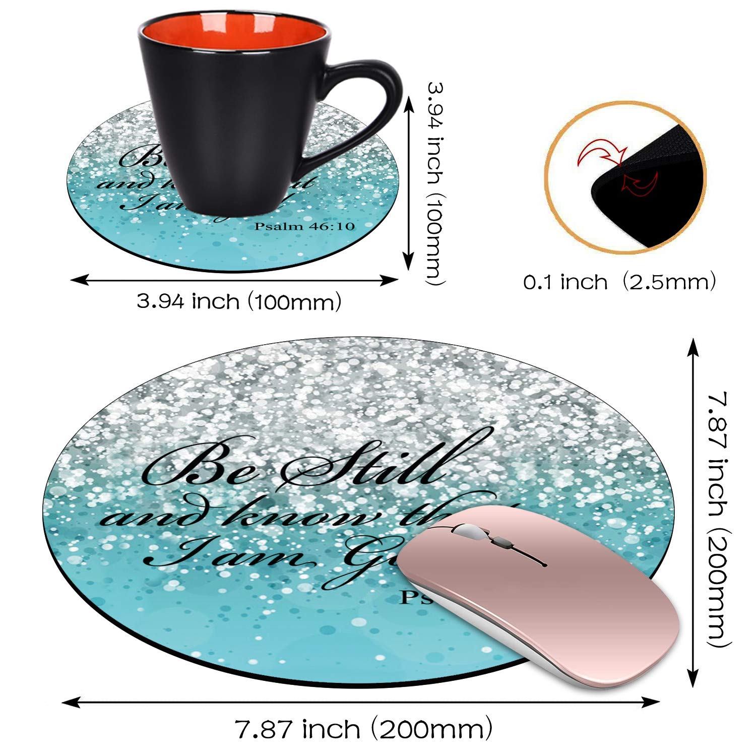 Blue Glitter Christian Bible Verses Psalm 46:10 Round Mouse Pad & Coasters Set - Non-Slip Rubber Base for Laptop & Computer - Perfect for Office, Home Desk & Bible Study Decor
