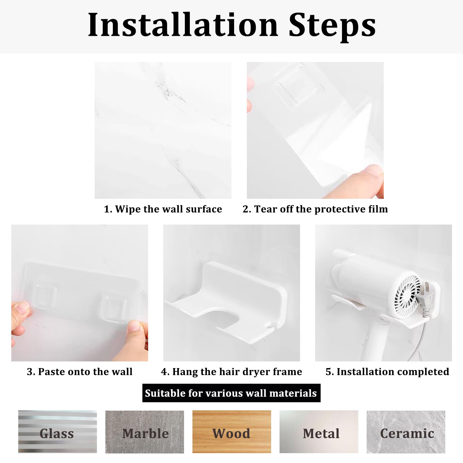 Universal White Hair Dryer Holder Wall Mounted - Self Adhesive Blow Dryer Rack with Plug & Cord Organizer - Space Saving Bathroom, Bedroom & Cabinet Storage Solution (1 Pack, White) - Perfect for Small Spaces & Clutter-Free Organization