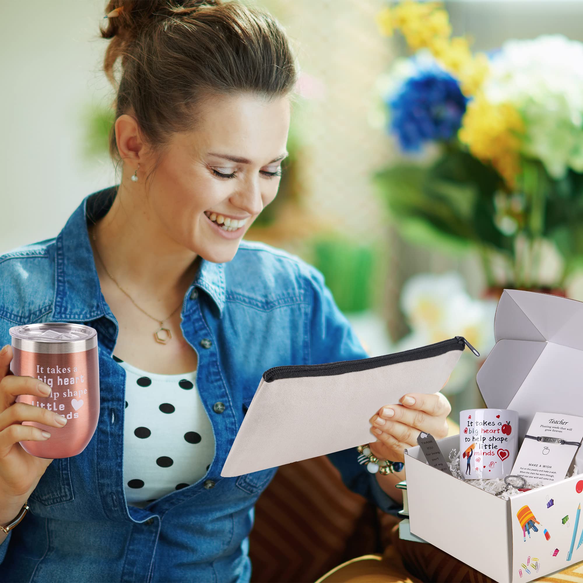 Teacher Appreciation Gift Set - Wine Tumbler, Makeup Pouch, Bookmarks - Perfect for Women Educators