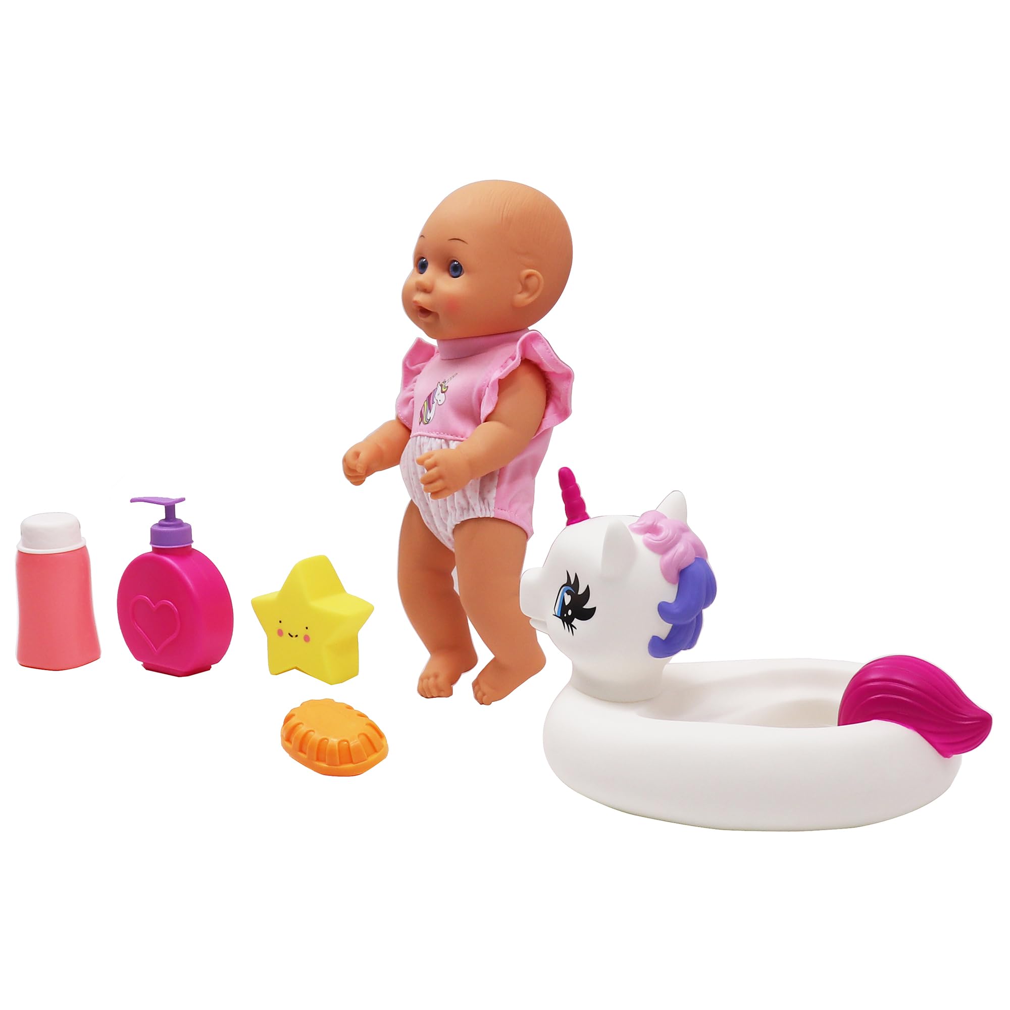 Dream Collection Water Baby Doll in Unicorn Floater - Realistic Pretend Play Toy with Posable Soft Body, Star Accessories & Soap Case - Perfect for Bath Time, Pool Play & Imaginative Role Play (12 Inches)