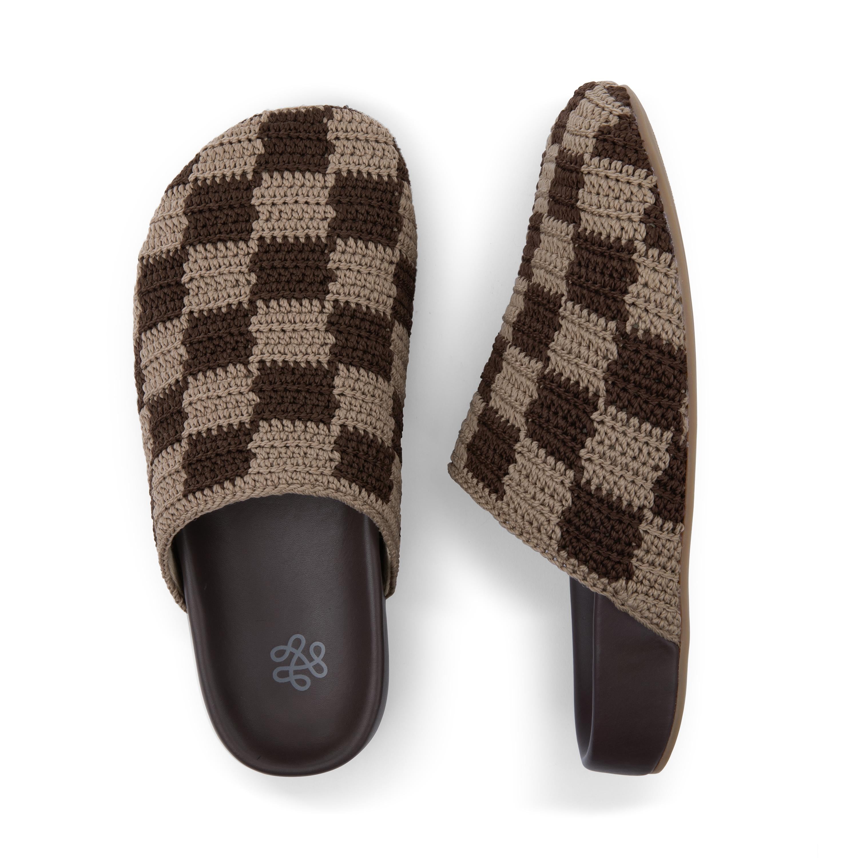 Bolinas Hand Crochet Clog Shoes - Brown Checkered Design - Comfortable & Stylish for Home, Garden, and Casual Wear