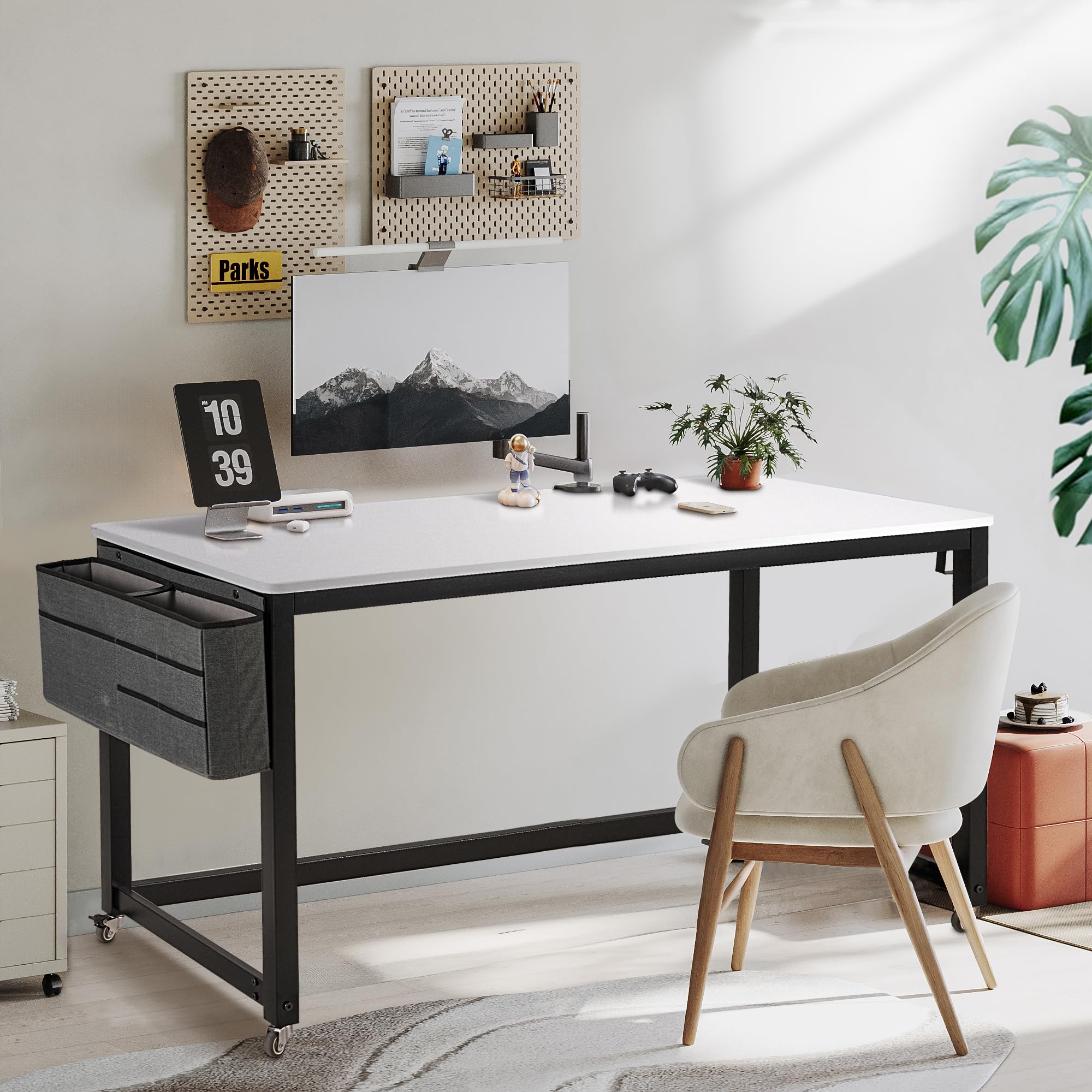 AHB 55 Inch Rolling Computer Desk with 4 Smooth Casters - Mobile Writing Desk for Home Office, Study Table with Sturdy Metal Frame | Perfect for Small Spaces, Dorm Rooms & Adjustable Workstations