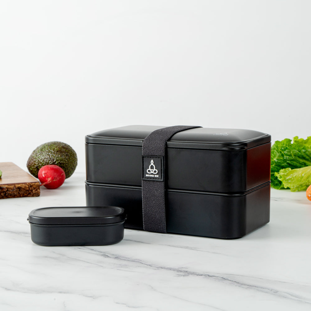 Bento Tek 41 oz Black Buddha Box - All-in-One Lunch Container with Utensils & Sauce Cup (7.25