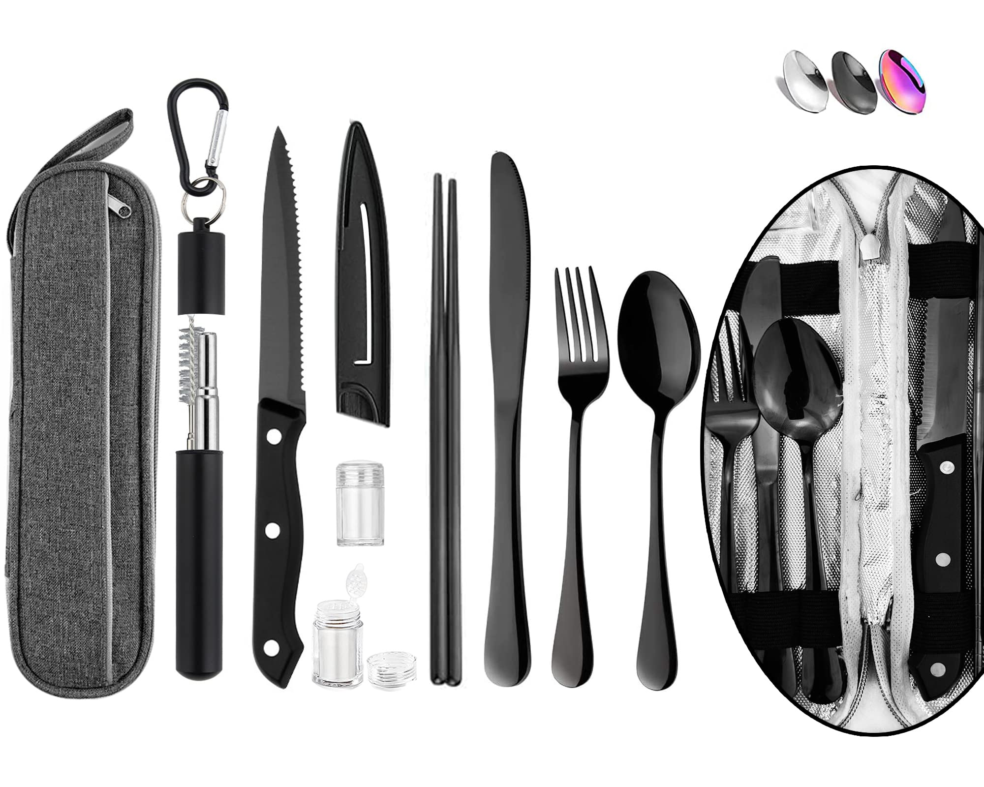Hommaly Portable Reusable Travel Utensil Set with Case - Stainless Steel Camping Cutlery, Chopsticks & Straw - Compact Flatware for Outdoor, Picnic & Office (Black)