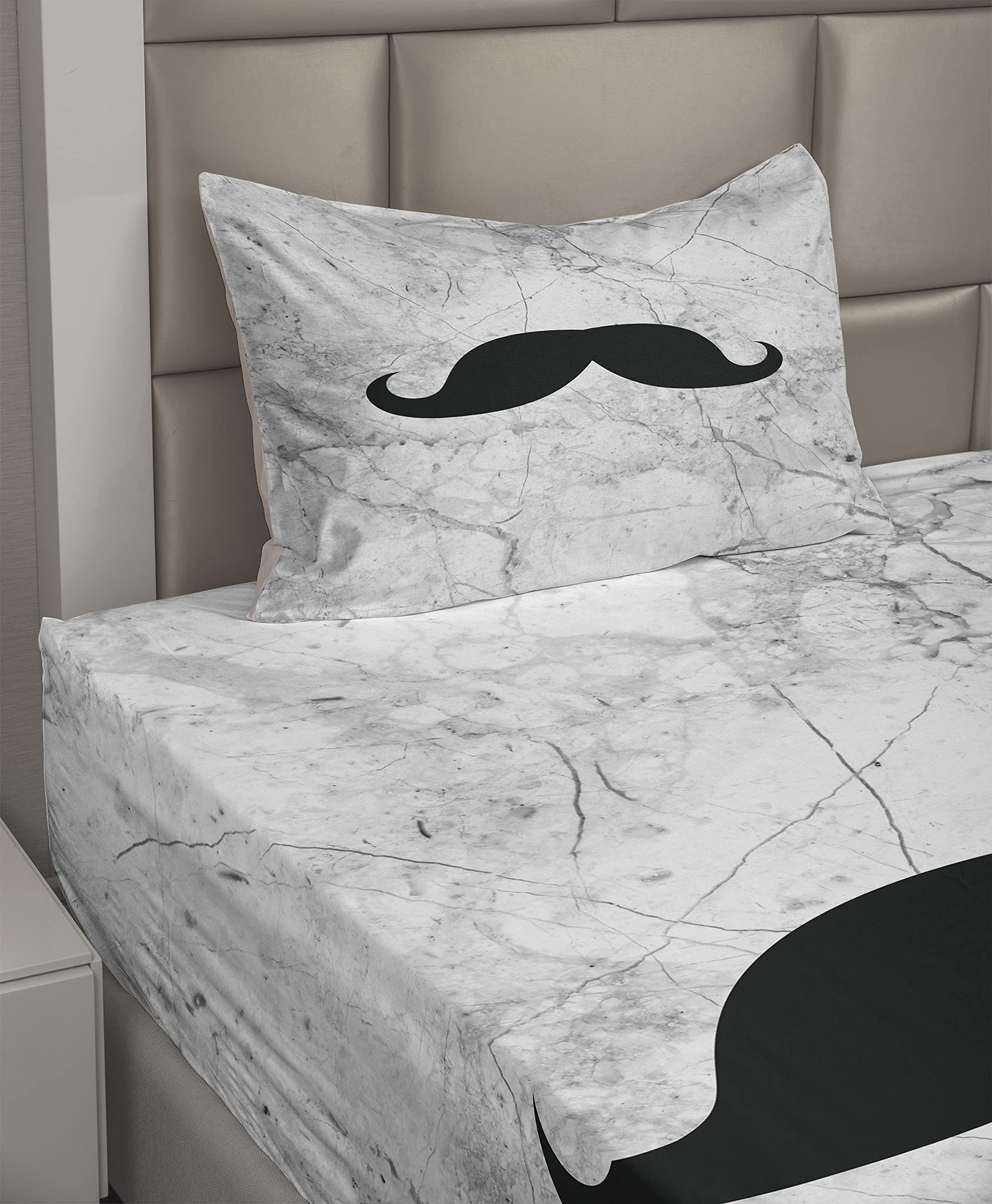 Ambesonne Men's Retro Mustache Bed Sheet Set - 3 Piece Twin XL, Grey Black White Marble Print, Fitted & Flat Sheets with Pillowcase | Durable Cotton Blend for Modern Bedroom, Guest Room & College Dorm Decor