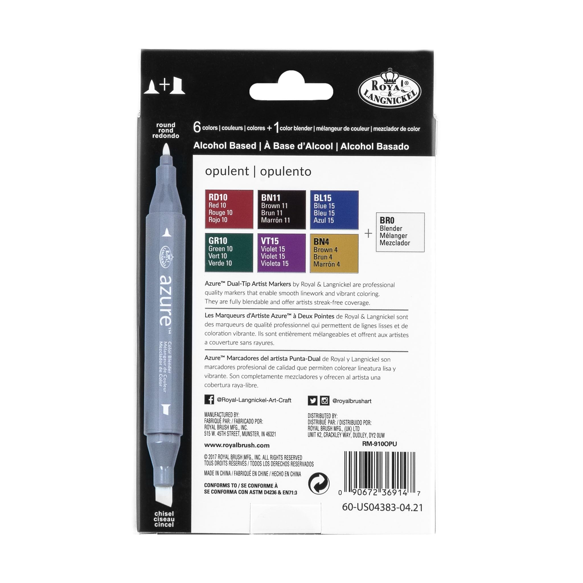 Royal & Langnickel Azure 7-Piece Dual-Tip Alcohol-Based Marker Set - 6 Vibrant Markers + 1 Blender for Artists, Illustrators & Crafters - Perfect for Sketching, Manga, Calligraphy & DIY Projects
